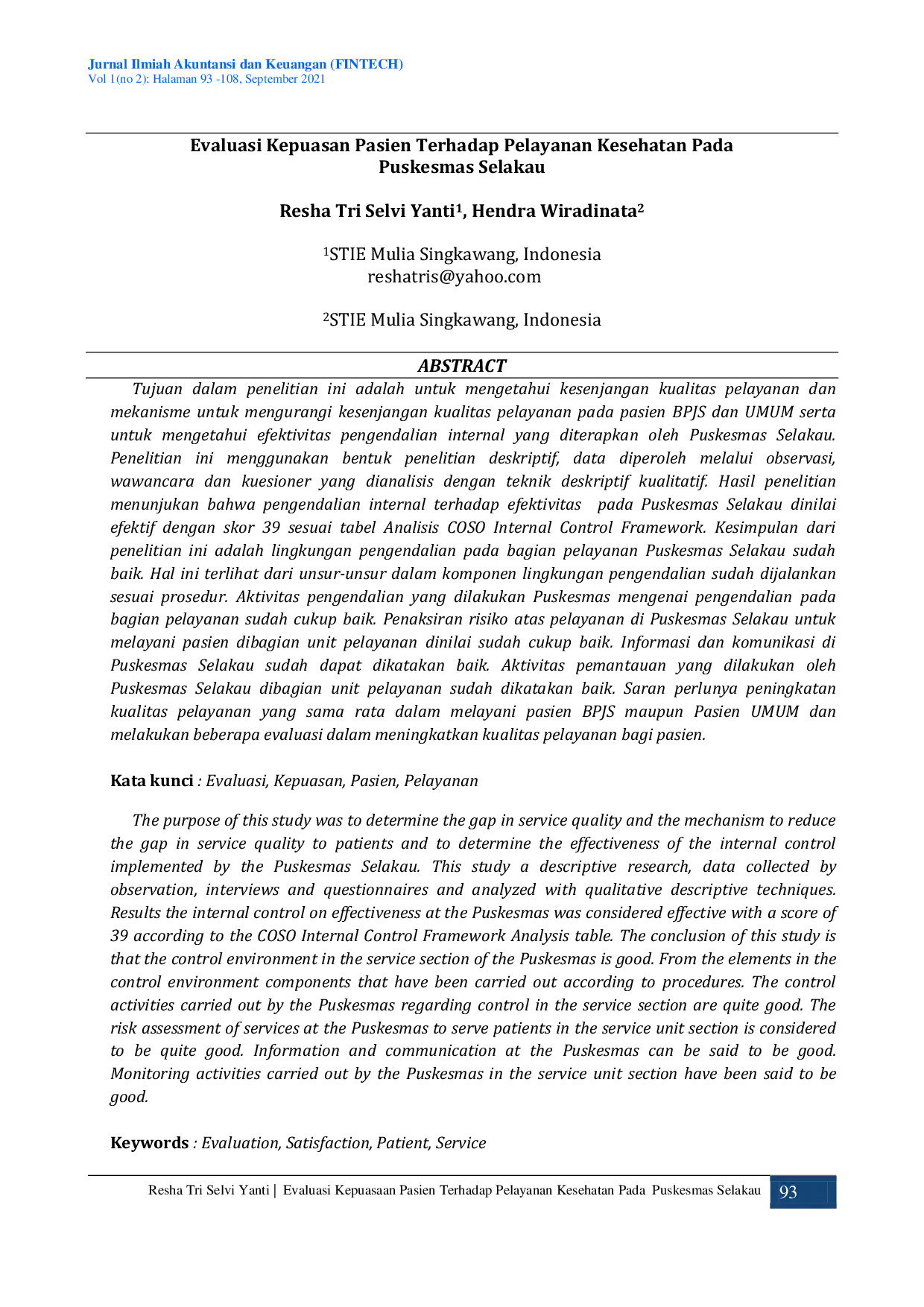 JURIS Evaluasi Kepuasan Pasien Terhadap Pelayanan Kesehatan Pada Puskesmas Selakau