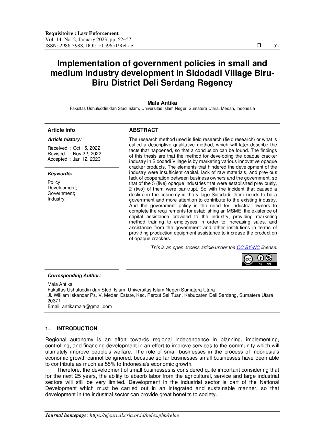 JURIS Implementation of government policies in small and medium industry development in Sidodadi Village Biru Biru District Deli Serdang Regency
