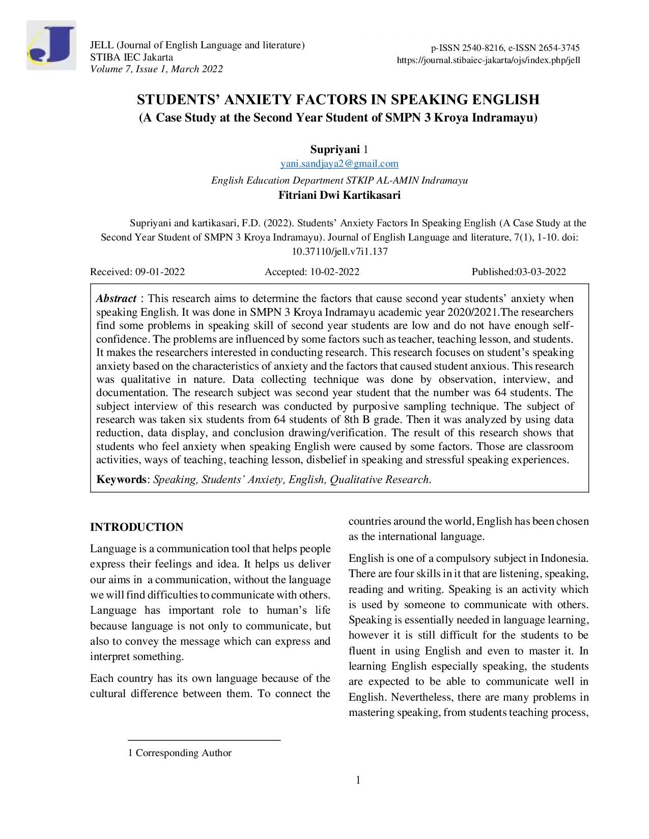 JURIS Faktor Kekhawatiran Siswa Dalam Berbicara Bahasa Inggris