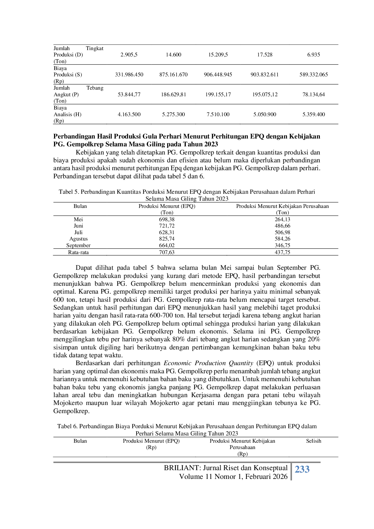 JURIS Analisis Sediaan Bahan Baku Tebu Menggunakan Metode EPQ Pada Produksi Gula di PG Gempolkrep Mojokerto