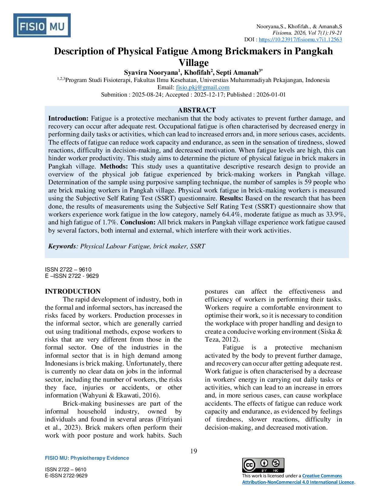 JURIS Description of Physical Fatigue Among Brickmakers in Pangkah Village