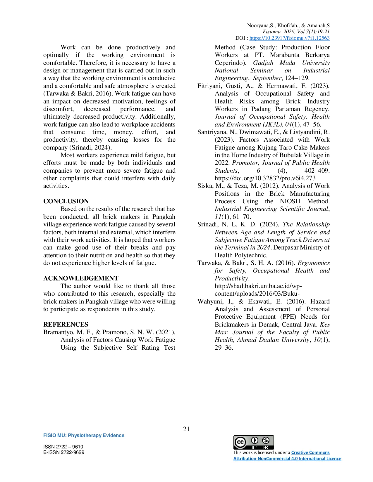 JURIS Description of Physical Fatigue Among Brickmakers in Pangkah Village