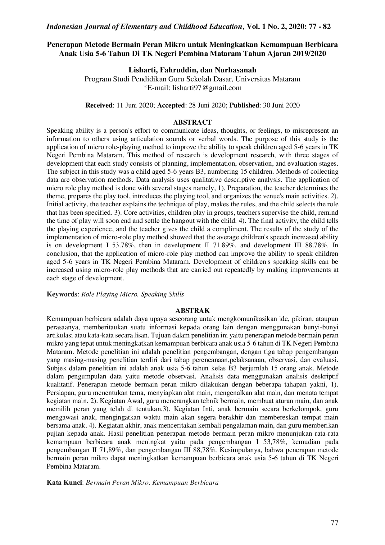 JURIS Penerapan Metode Bermain Peran Mikro untuk Meningkatkan Kemampuan Berbicara Anak Usia 5 6 Tahun Di TK Negeri Pembina Mataram Tahun Ajaran 2019 2020