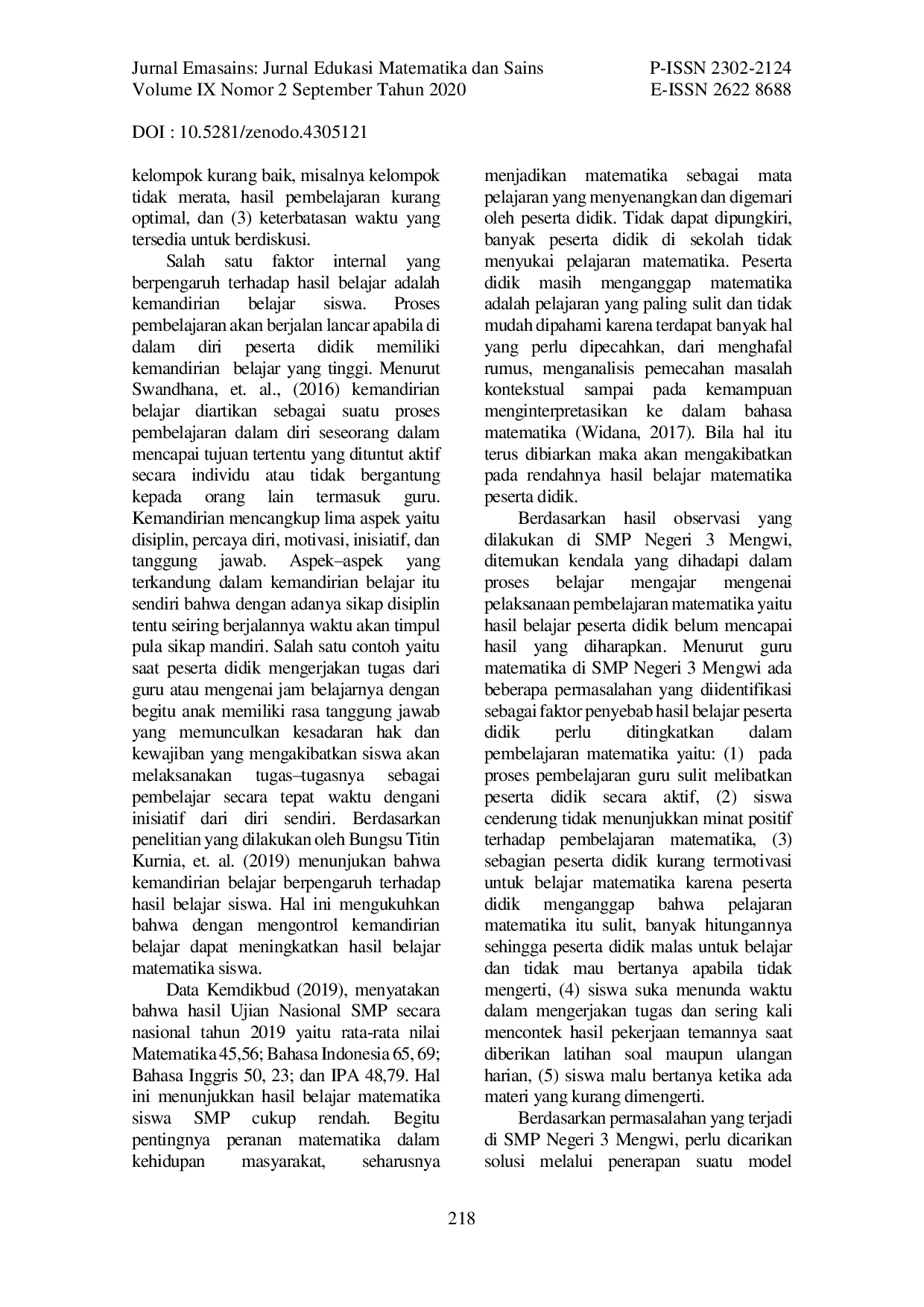 JURIS Pengaruh Model Pembelajaran Reciprocal Teaching terhadap Hasil Belajar Matematika dengan Mengontrol Kemandirian Belajar