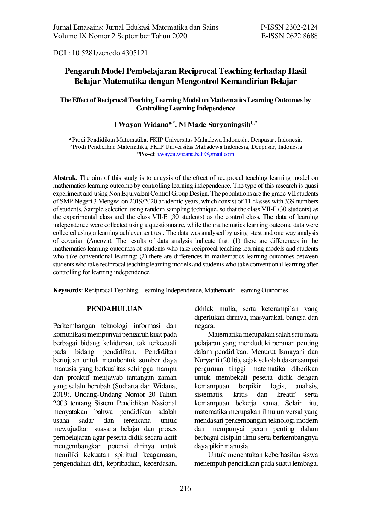 JURIS Pengaruh Model Pembelajaran Reciprocal Teaching terhadap Hasil Belajar Matematika dengan Mengontrol Kemandirian Belajar