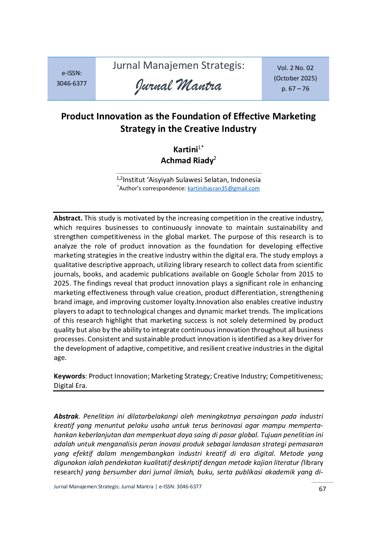 JURIS Product Innovation as the Foundation of Effective Marketing Strategy in the Creative Industry