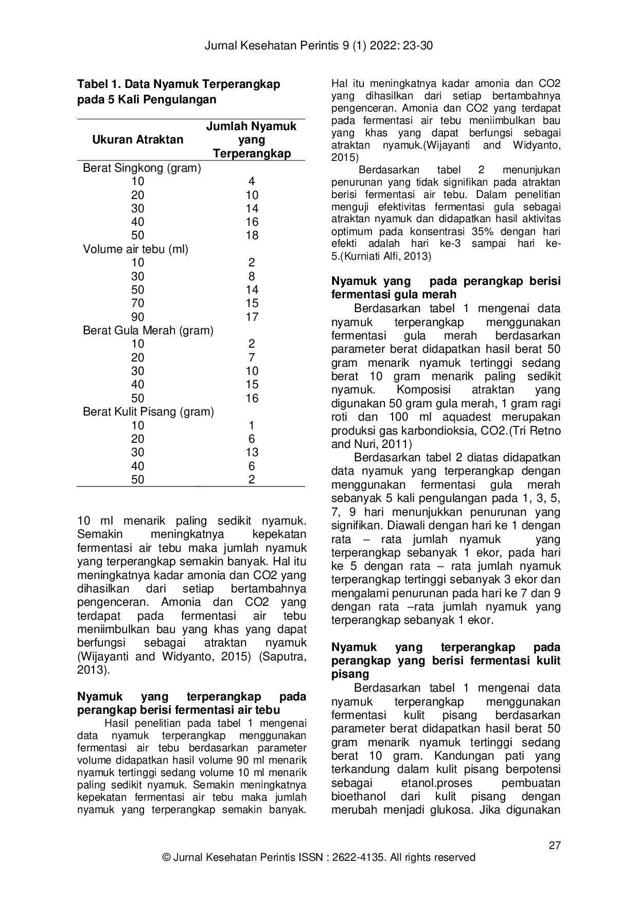 JURIS Pemanfaatan Fermentasi Singkong Air Tebu Gula Merah dan Kulit Pisang dalam Optimalisasi Perangkap Nyamuk Trapping sebagai Atraktan Perangkap