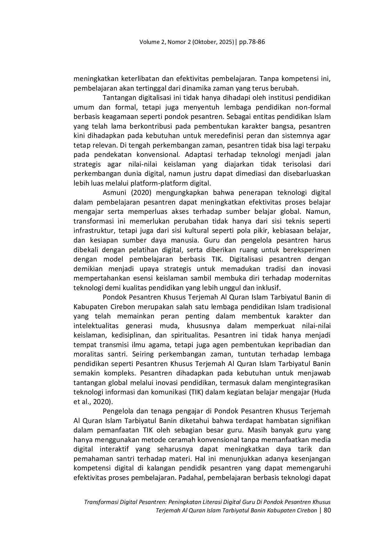 JURIS Transformasi Digital Pesantren Peningkatan Literasi Digital Guru di Pondok Pesantren Khusus Terjemah Al Quran Islam Tarbiyatul Banin Kabupaten Cirebon