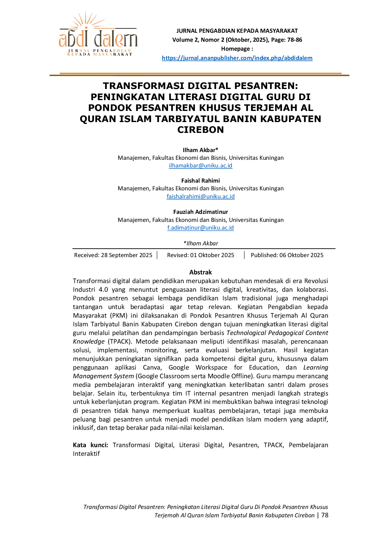 JURIS Transformasi Digital Pesantren Peningkatan Literasi Digital Guru di Pondok Pesantren Khusus Terjemah Al Quran Islam Tarbiyatul Banin Kabupaten Cirebon