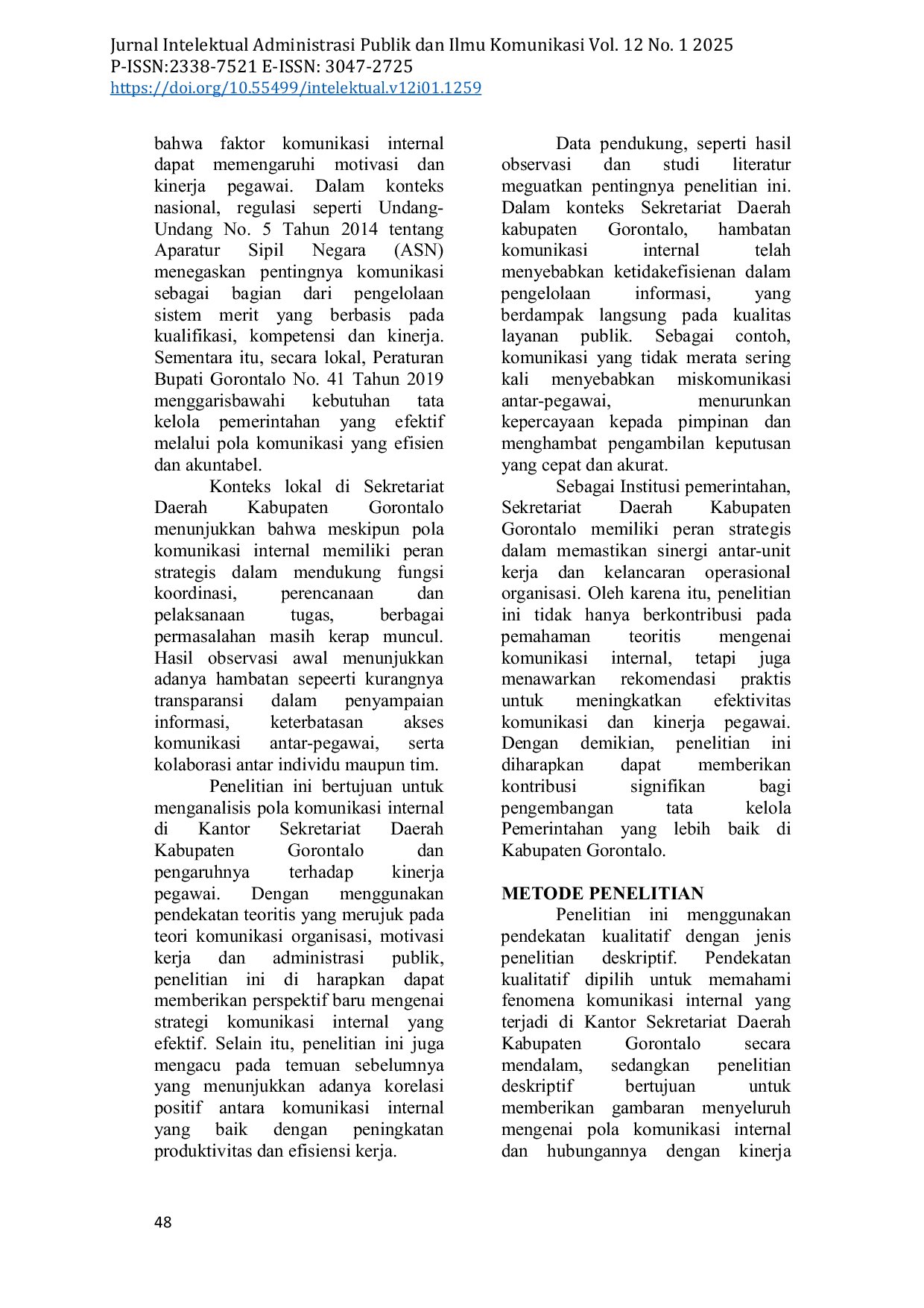 JURIS Pola Komunikasi Internal Terhadap Kinerja Pegawai Di Kantor Sekretariat Daerah Kabupaten Gorontalo