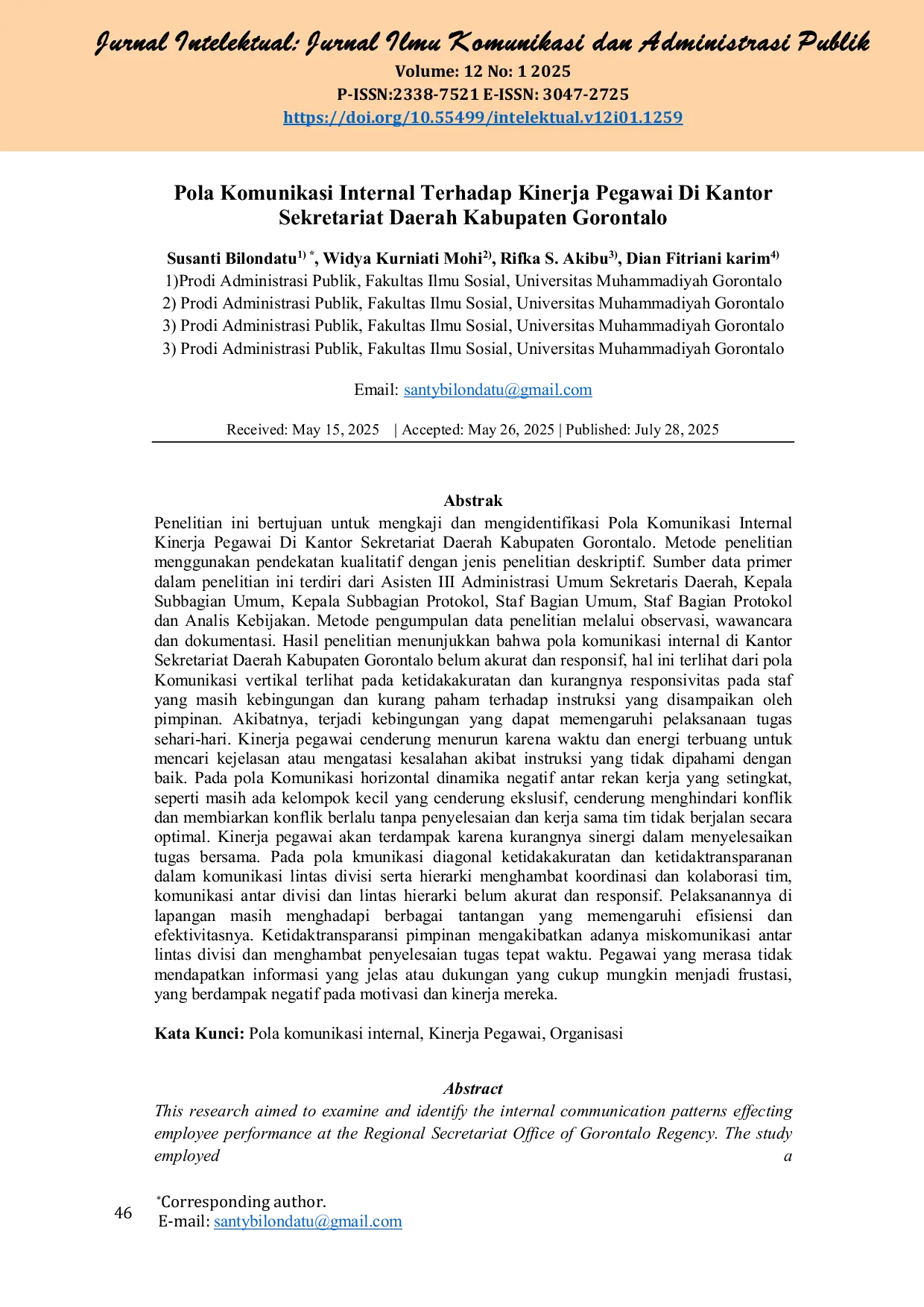 JURIS Pola Komunikasi Internal Terhadap Kinerja Pegawai Di Kantor Sekretariat Daerah Kabupaten Gorontalo