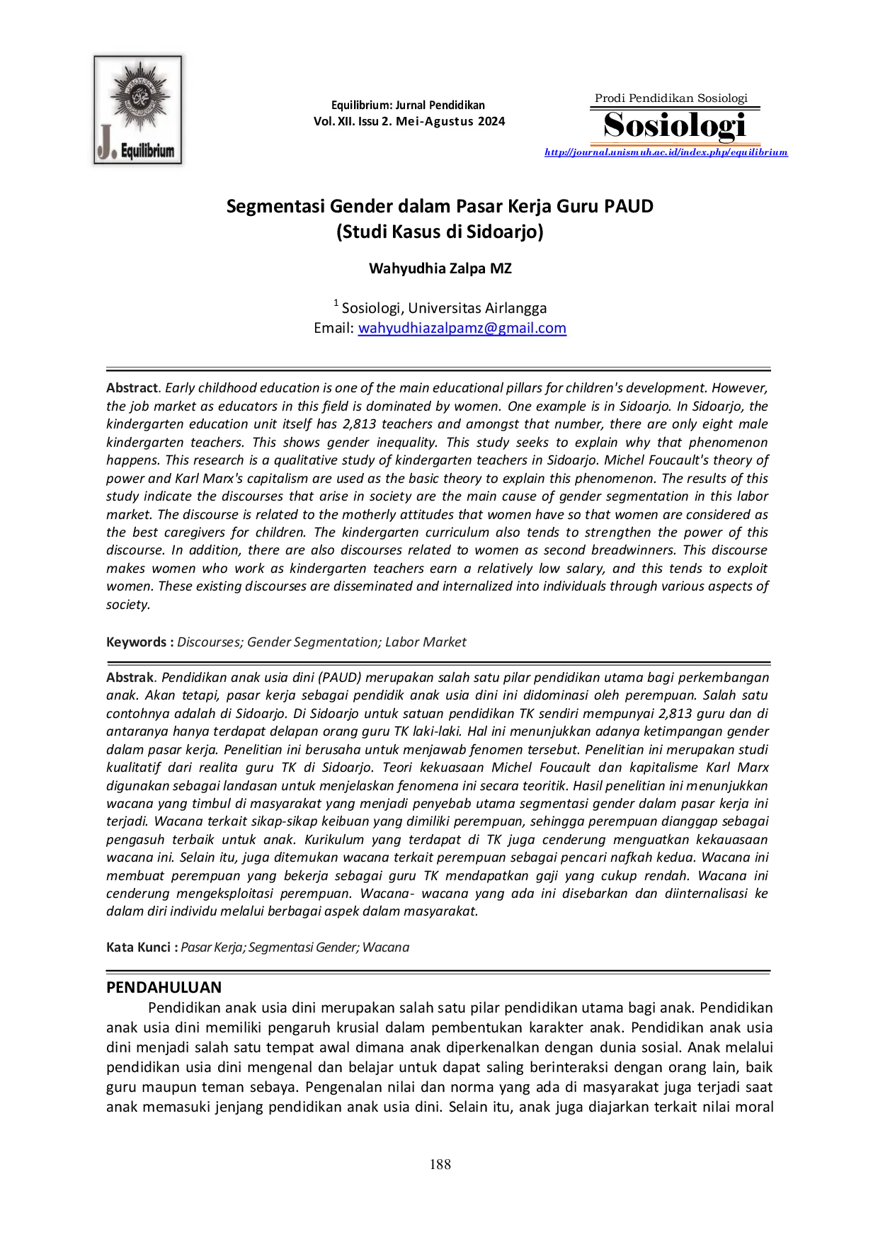 JURIS Segmentasi Gender dalam Pasar Kerja Guru PAUD Studi Kasus di Sidoarjo