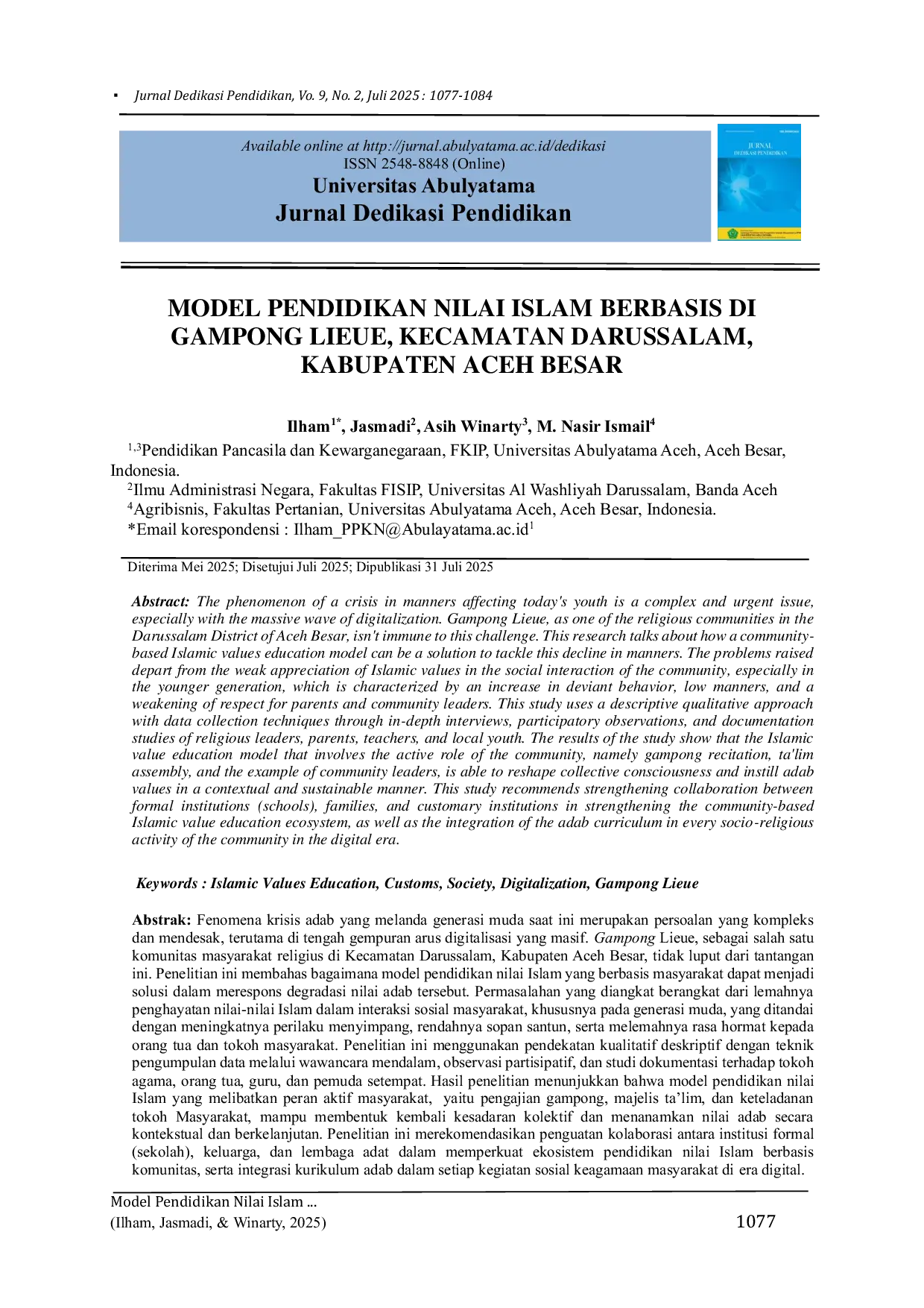 JURIS Model Pendidikan Nilai Islam Berbasis Di Gampong Lieue Kecamatan Darussalam Kabupaten Aceh Besar