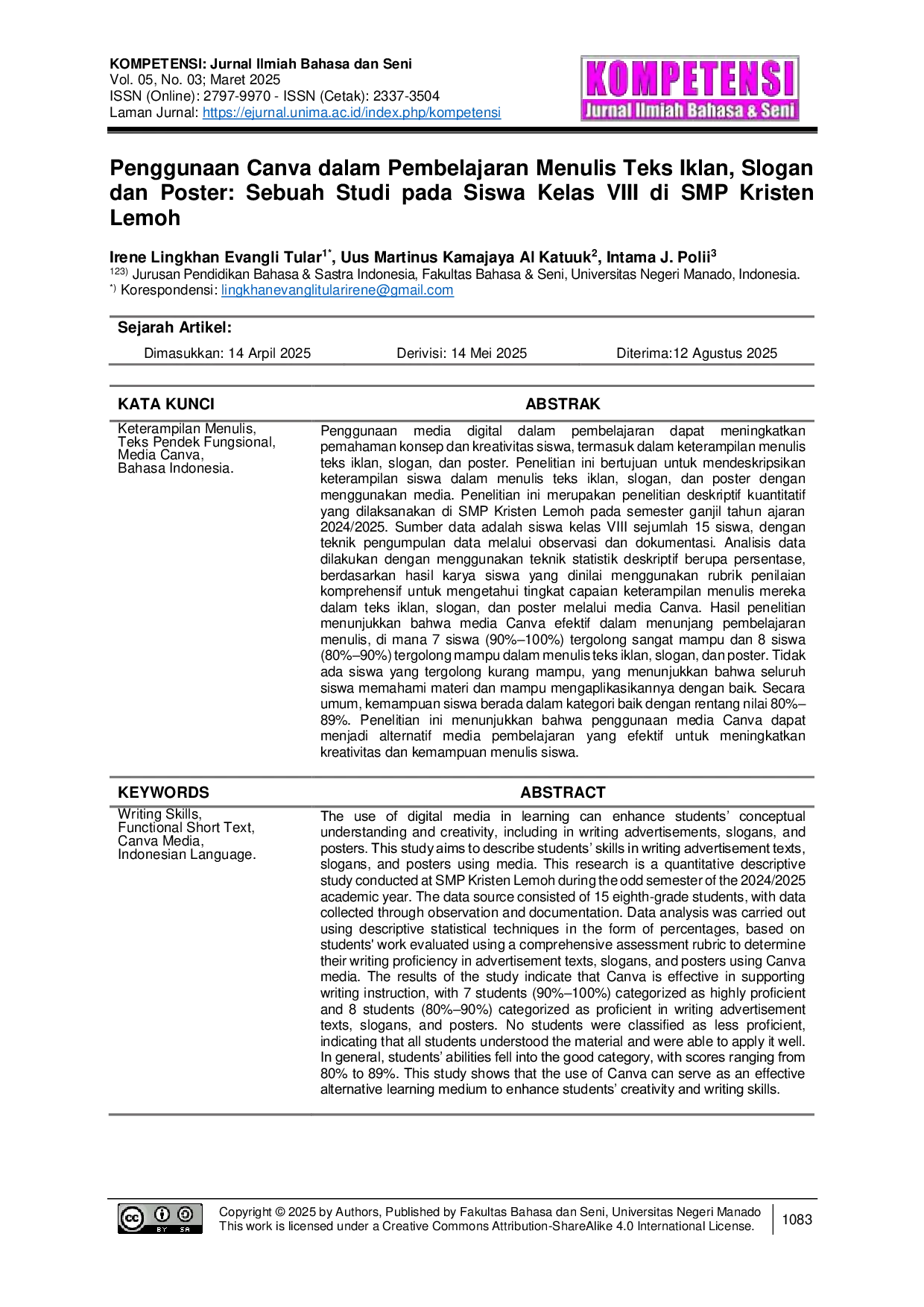 JURIS Penggunaan Canva dalam Pembelajaran Menulis Teks Iklan Slogan dan Poster Sebuah Studi pada Siswa Kelas VIII di SMP Kristen Lemoh