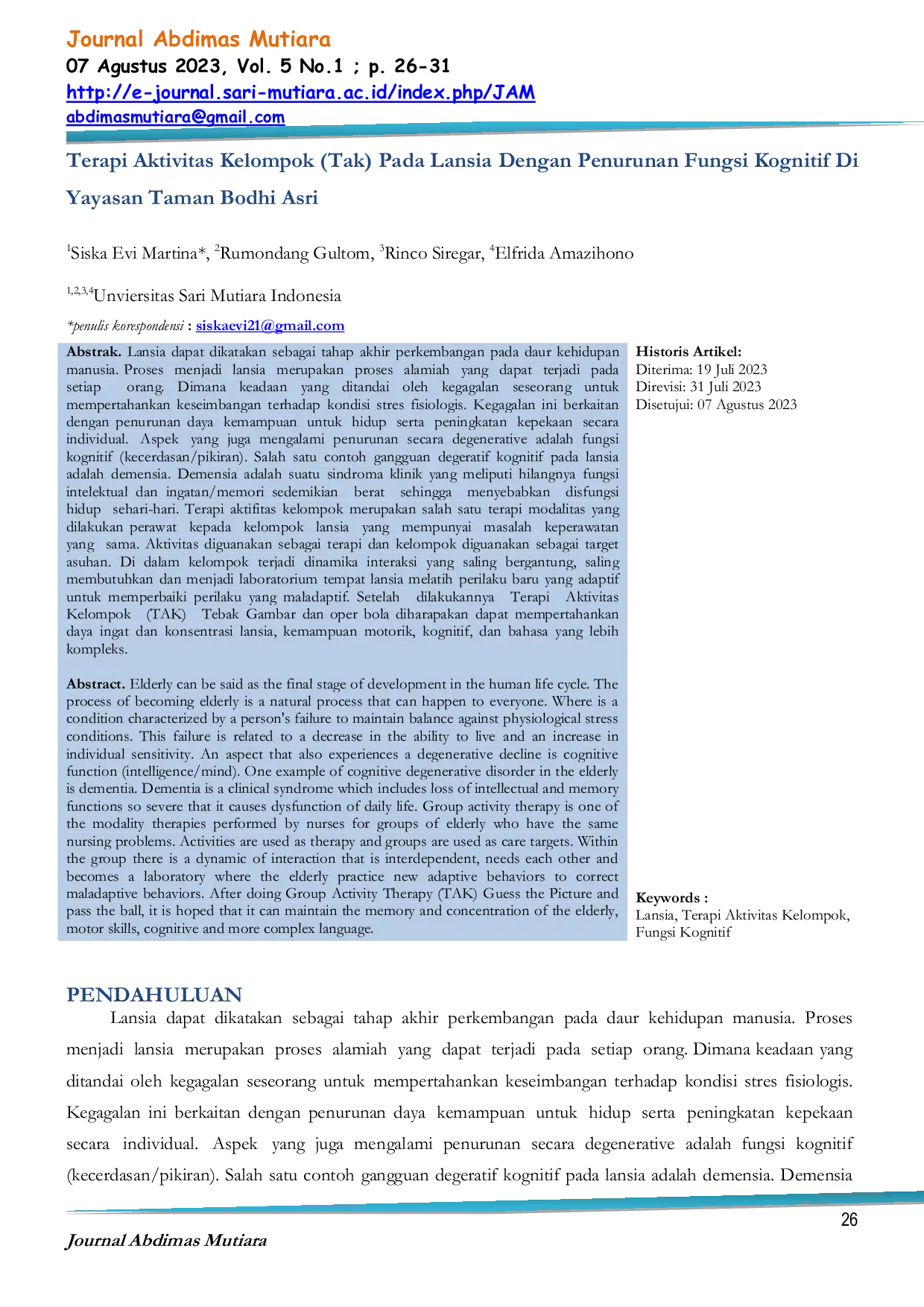 JURIS Terapi Aktivitas Kelompok Tak Pada Lansia Dengan Penurunan Fungsi Kognitif Di Yayasan Taman Bodhi Asri