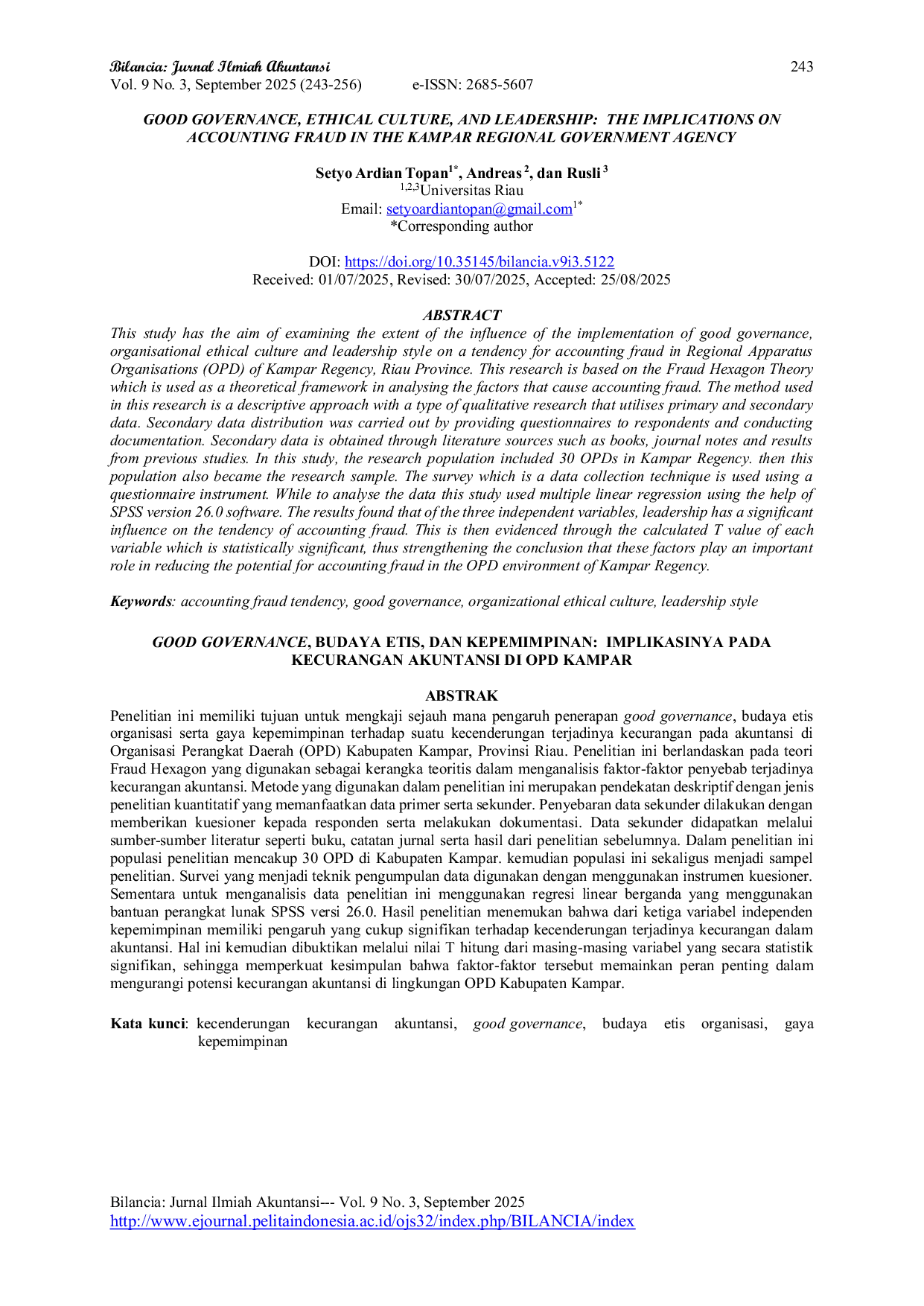 JURIS Good Governance Budaya Etis dan Kepemimpinan Implikasinya pada Kecurangan Akuntansi di OPD Kampar