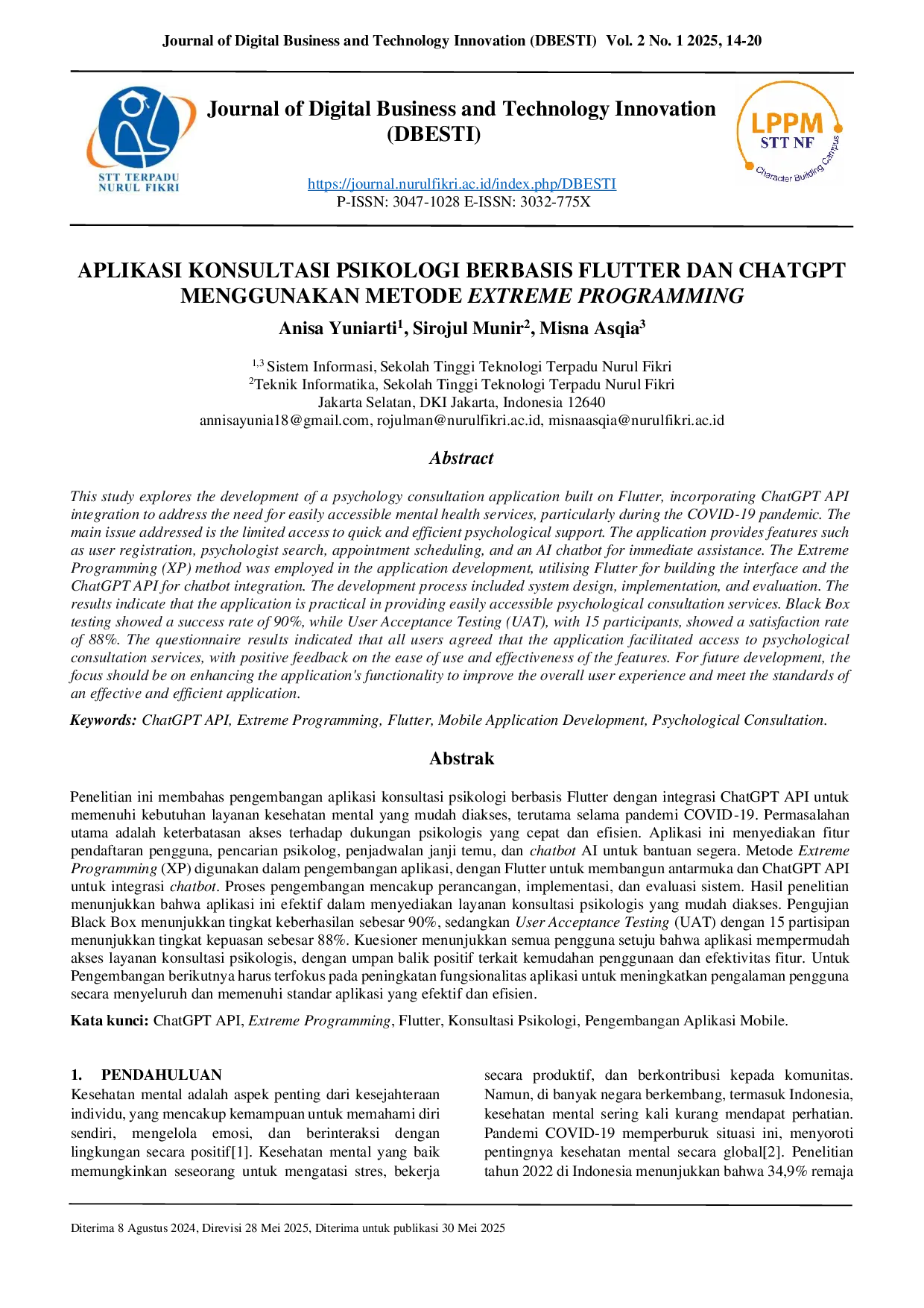 JURIS Aplikasi Konsultasi Psikologi Berbasis Flutter Dan Chatgpt Menggunakan Metode Extreme Programming