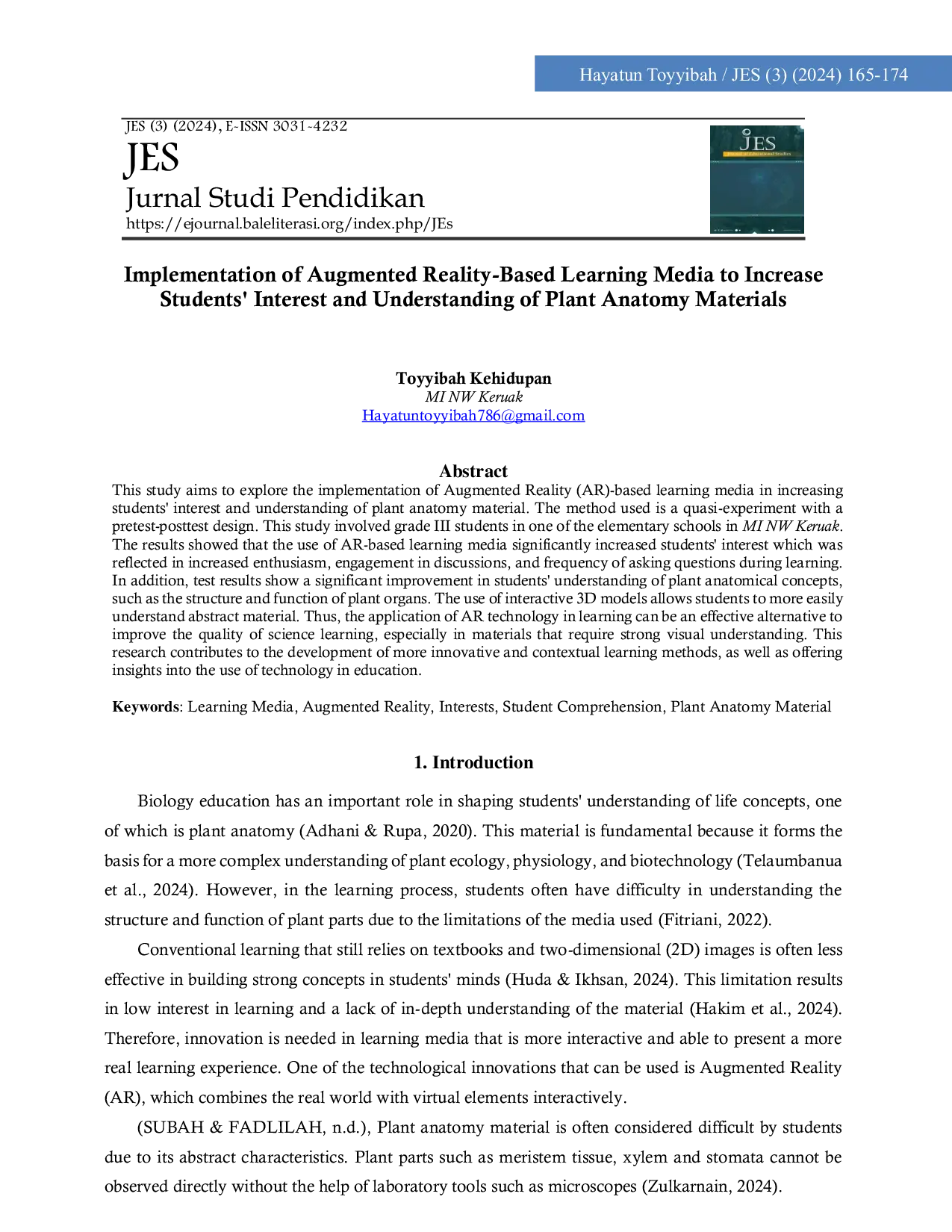 JURIS Implementation of Augmented Reality Based Learning Media to Increase Students Interest and Understanding of Plant Anatomy Materials