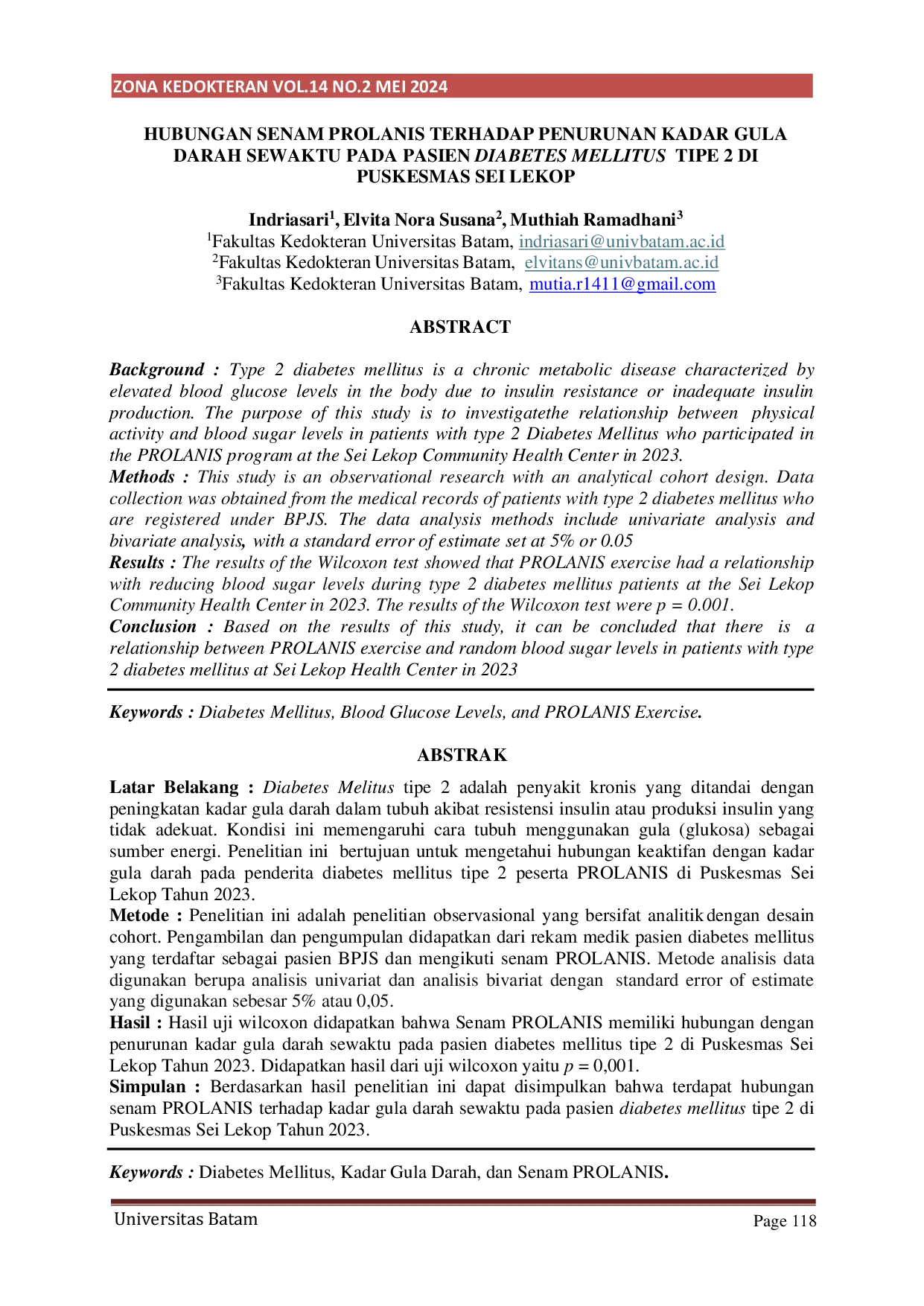 JURIS Hubungan Senam PROLANIS Terhadap Penurunan Kadar Gula Darah Sewaktu Pada Pasien Diabetes Mellitus Tipe 2 Di Puskesmas Sei Lekop