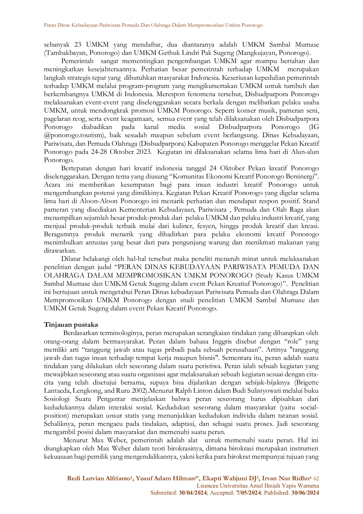 JURIS Peran Dinas Kebudayaan Pariwisata Pemuda Dan Olahraga Dalam Mempromosikan Umkm Ponorogo