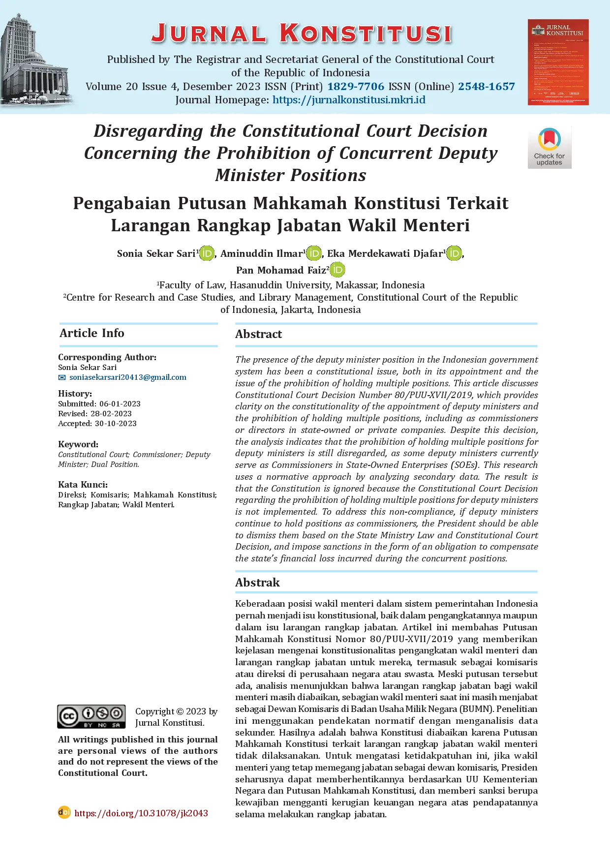 juris Disregarding the Constitutional Court Decision Concerning the Prohibition of Concurrent Deputy Minister Positions Pengabaian Putusan Mahkamah Konstitusi Terkait Larangan Rangkap Jabatan Wakil Menteri