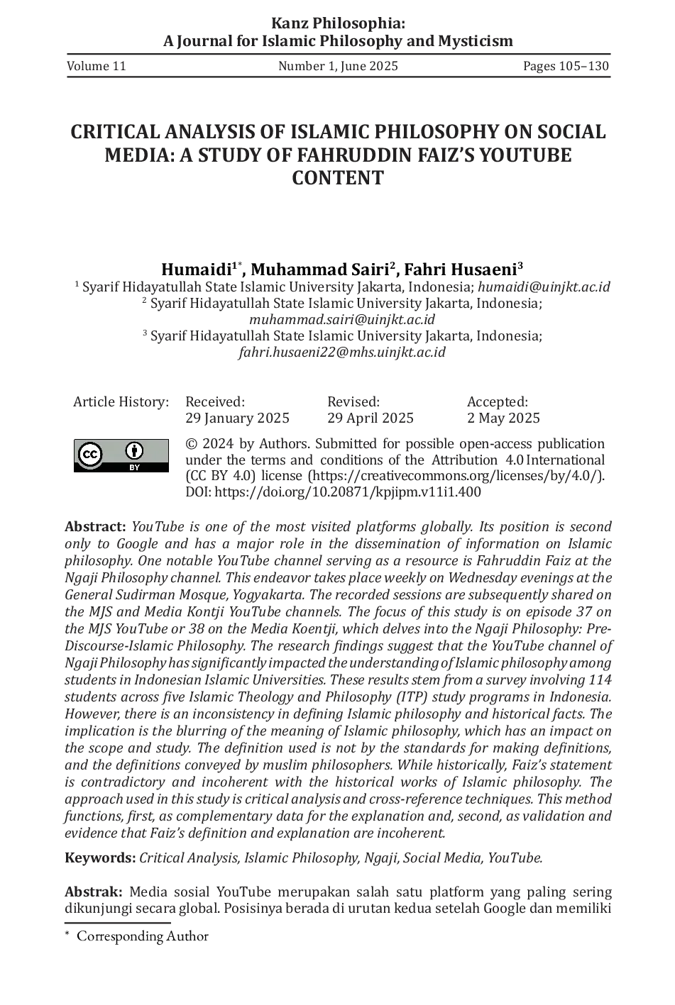 JURIS Critical Analysis of Islamic Philosophy on Social Media A Study of Fahruddin Faiz s YouTube Content