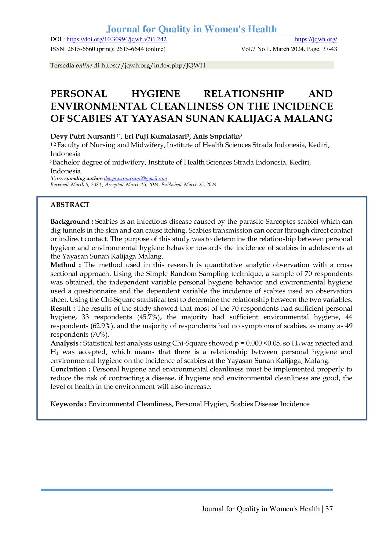 JURIS Hubungan Higiene Personal Dan Kebersihan Lingkungan Terhadap Kejadian Skabies Di Yayasan Sunan Kalijaga Malang
