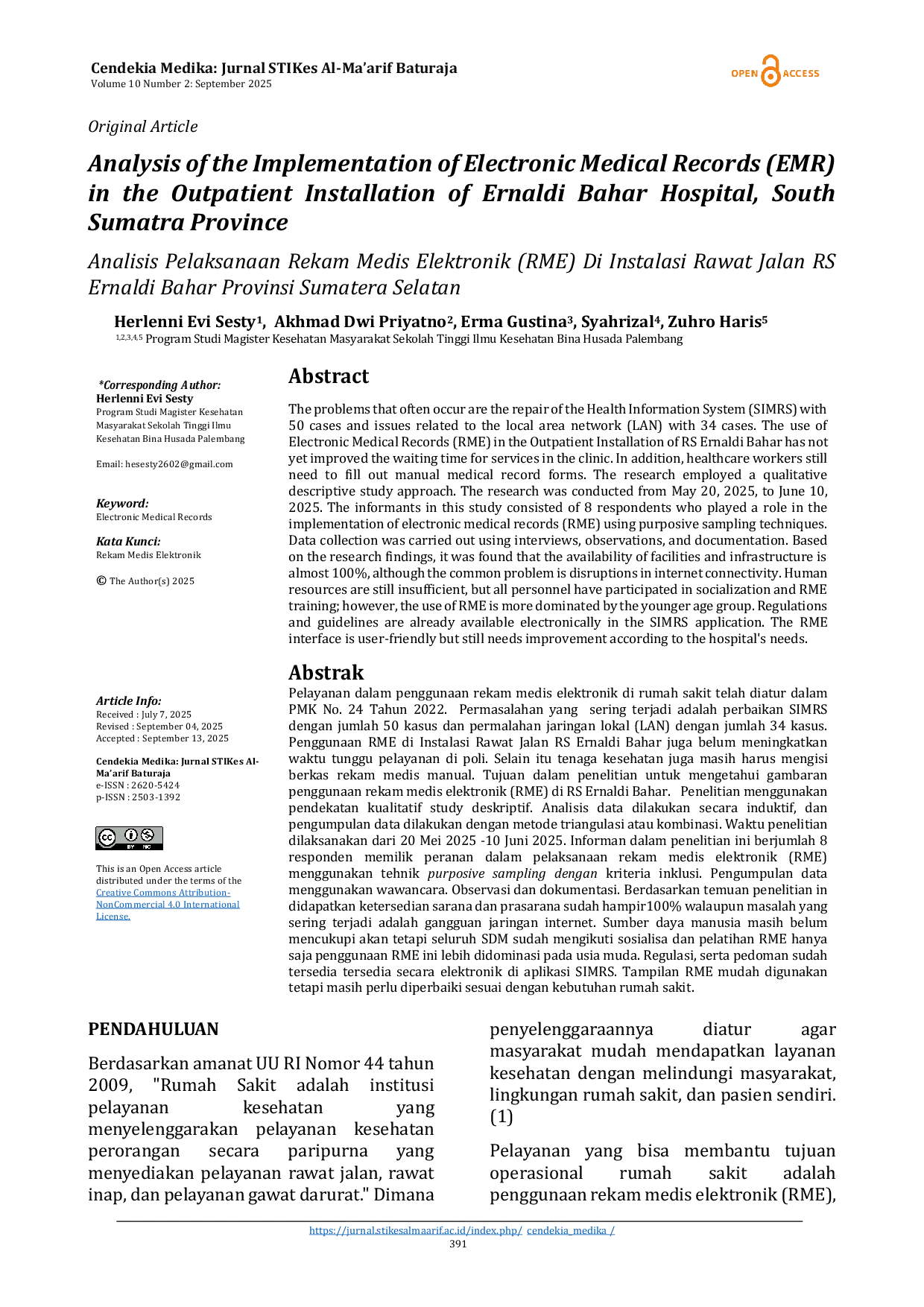 JURIS Analisis Pelaksanaan Rekam Medis Elektronik RME di Instalasi Rawat Jalan RS Ernaldi Bahar Provinsi Sumatera Selatan