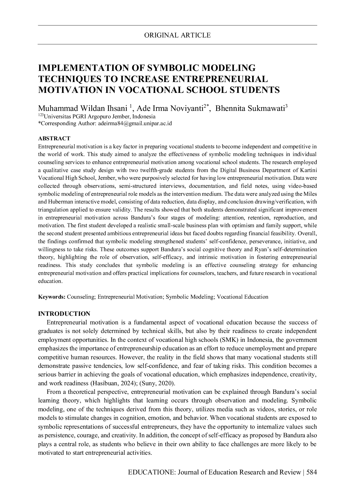JURIS Implementation Of Symbolic Modeling Techniques To Increase Entrepreneurial Motivation In Vocational School Students