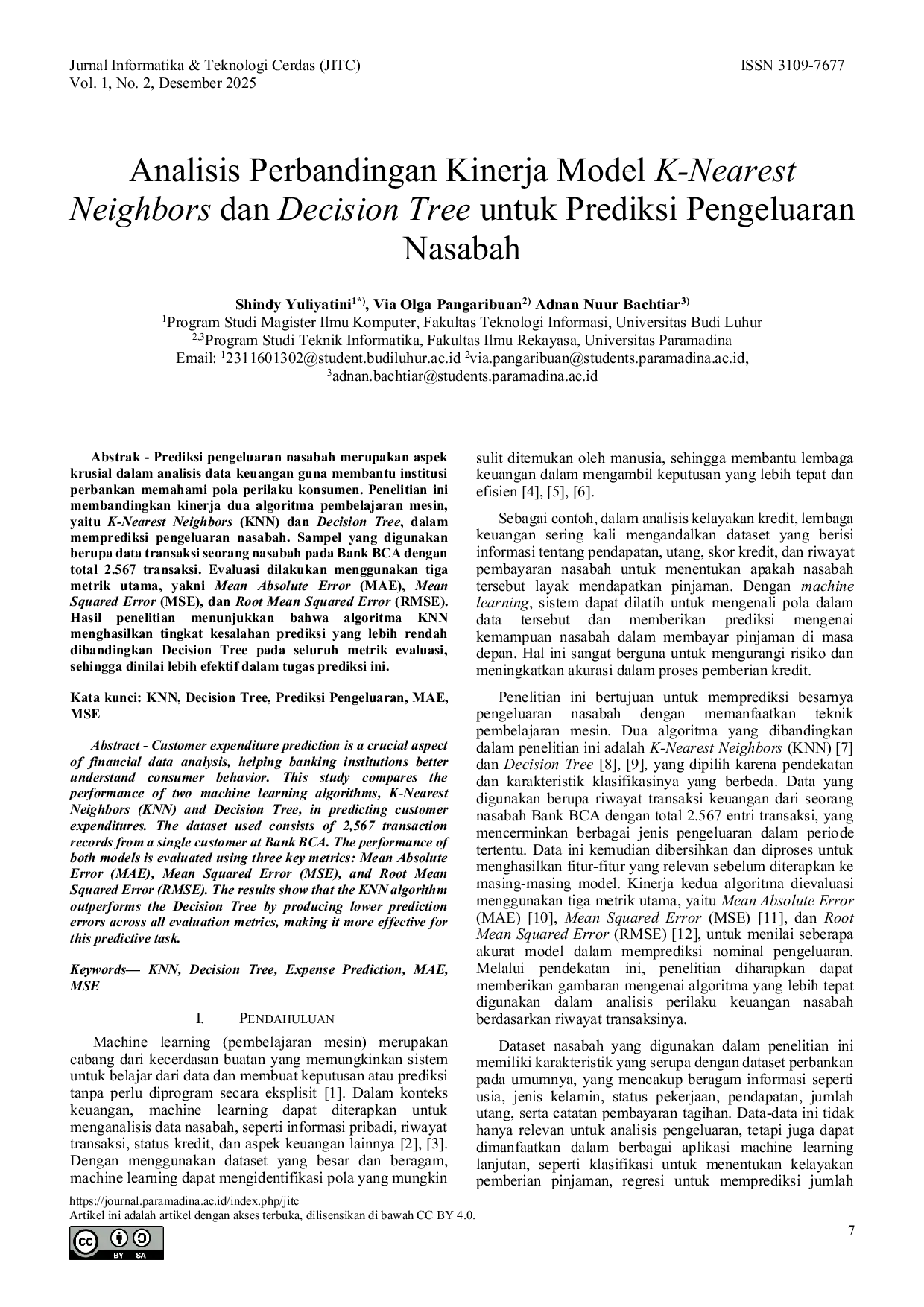JURIS Analisis Perbandingan Kinerja Model K Nearest Neighbors dan Decision Tree untuk Prediksi Pengeluaran Nasabah