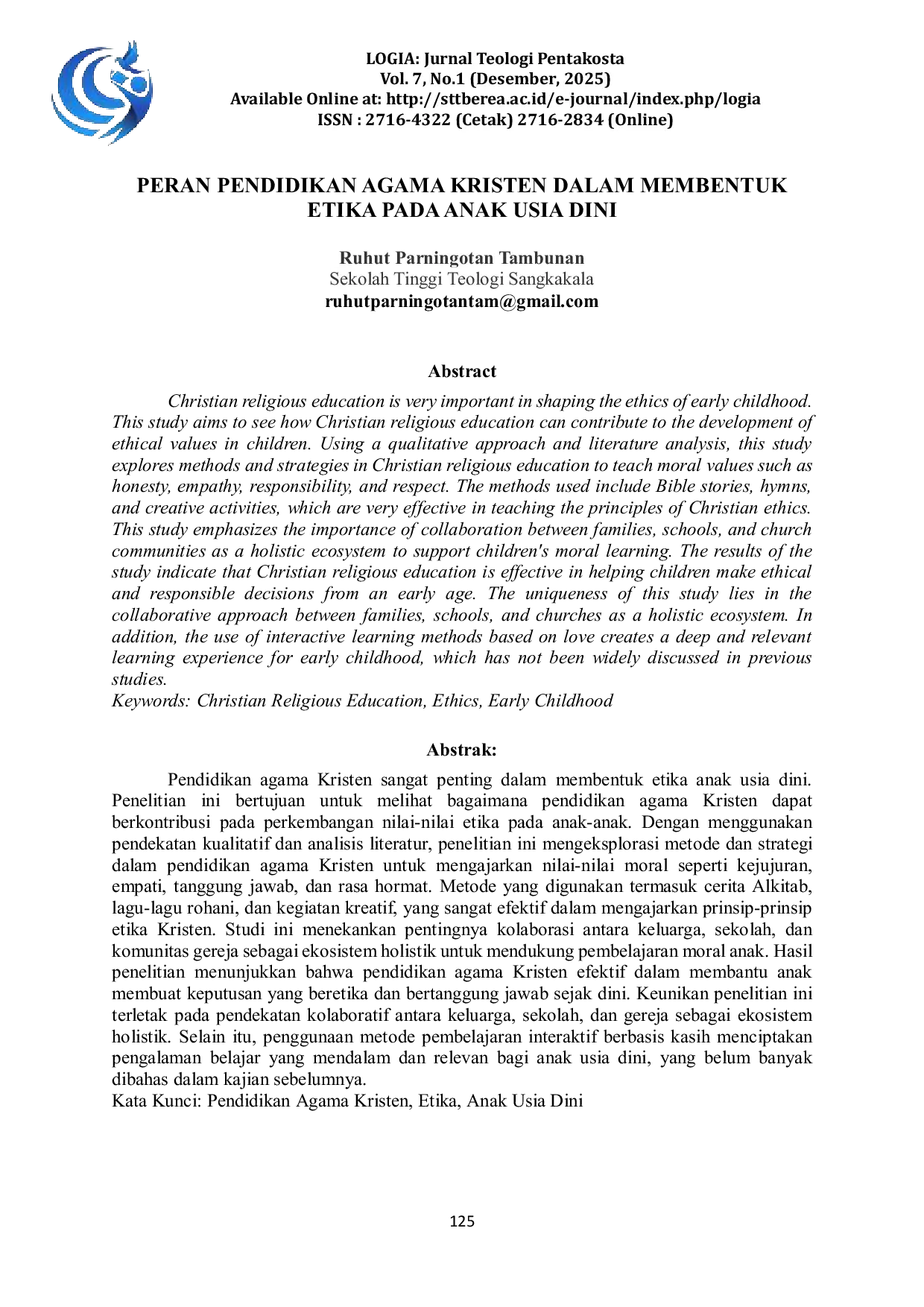 JURIS Peran Pendidikan Agama Kristen dalam Membentuk Etika Pada Anak Usia Dini