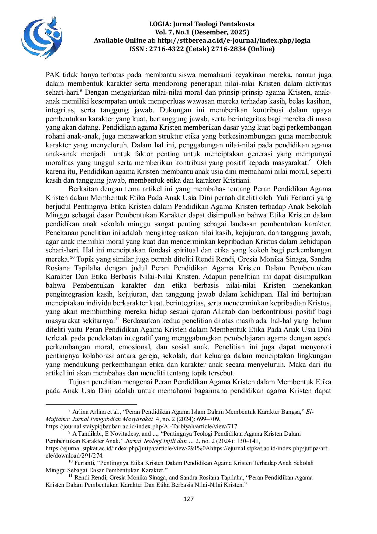 JURIS Peran Pendidikan Agama Kristen dalam Membentuk Etika Pada Anak Usia Dini