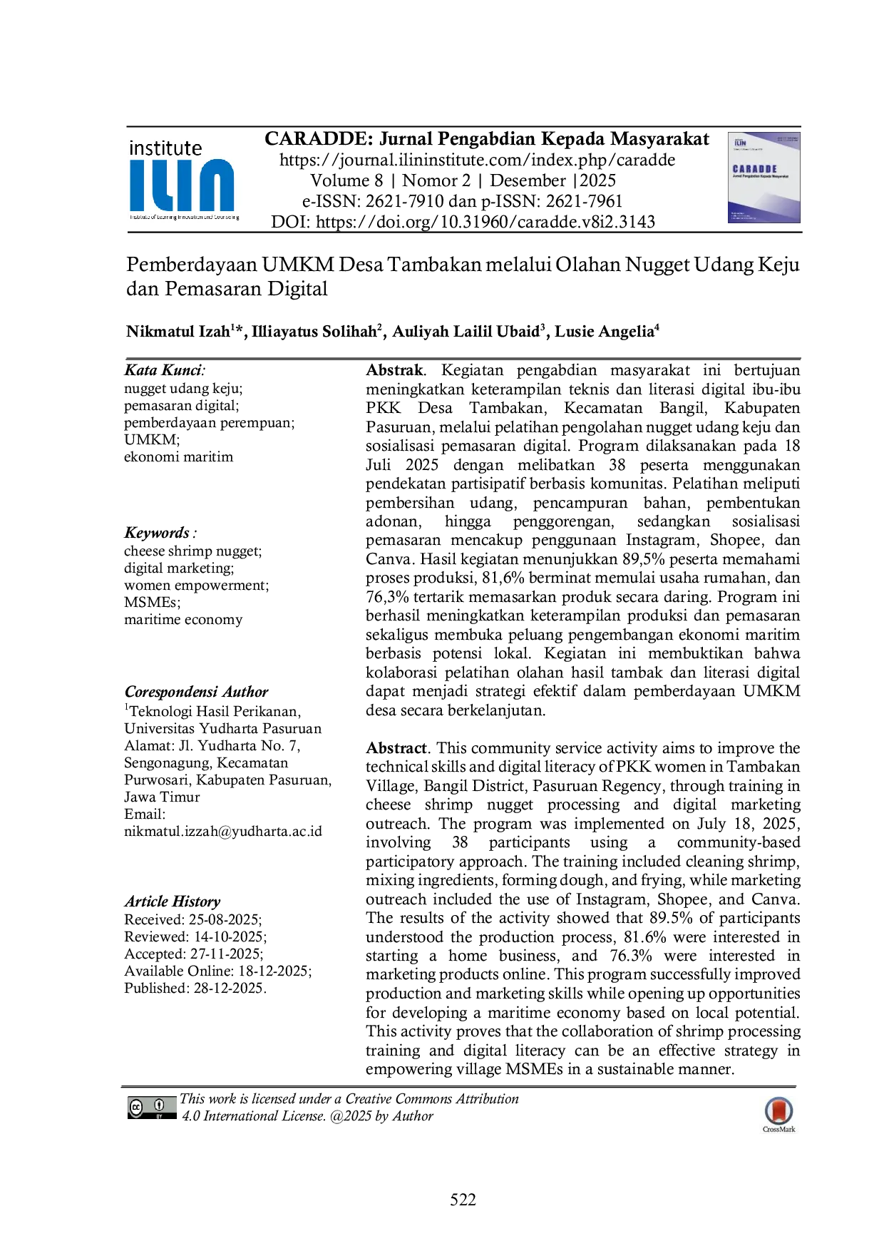 JURIS Pemberdayaan UMKM Desa Tambakan melalui Olahan Nugget Udang Keju dan Pemasaran Digital