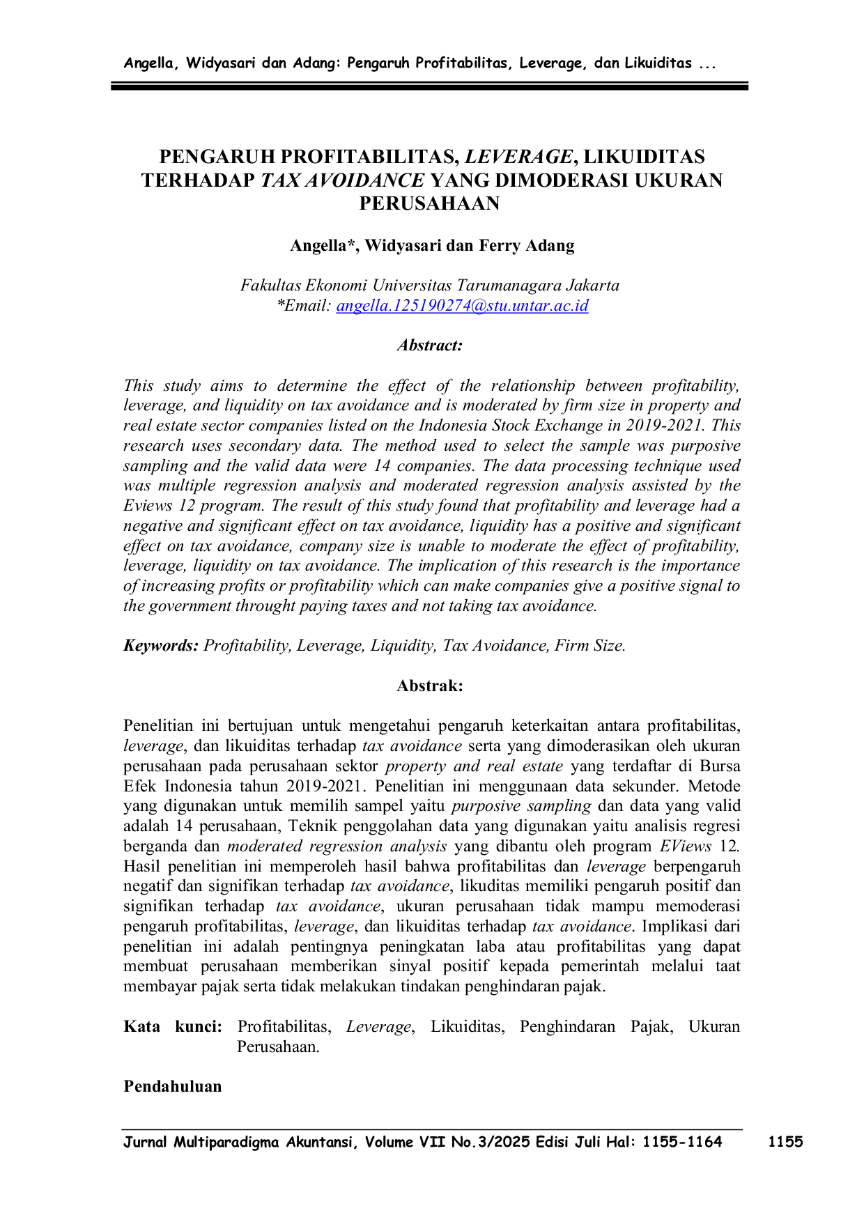 JURIS Pengaruh Profitabilitas Leverage dan Likuiditas Terhadap Tax Avoidance Yang Dimoderasi Ukuran Perusahaan