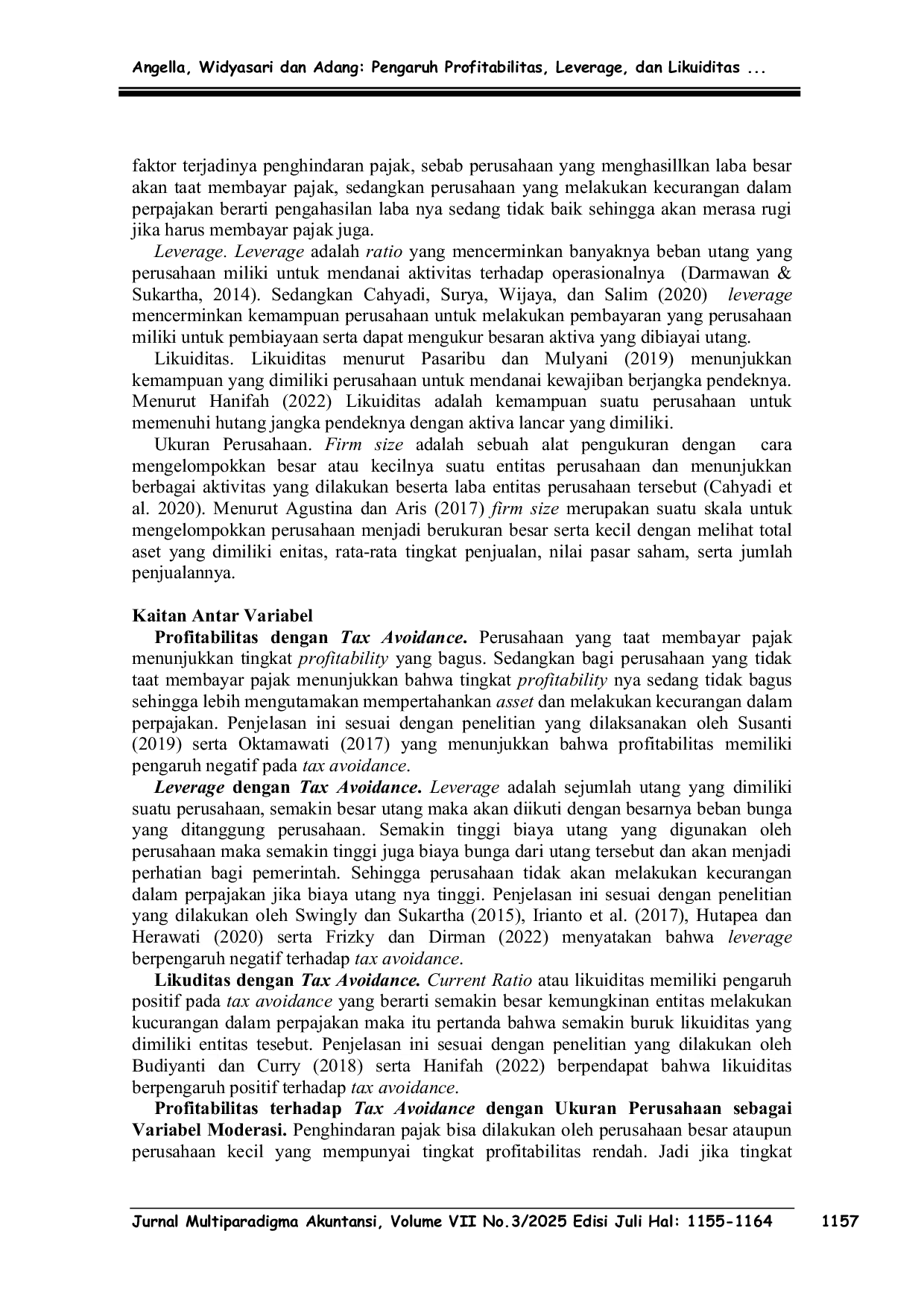 JURIS Pengaruh Profitabilitas Leverage dan Likuiditas Terhadap Tax Avoidance Yang Dimoderasi Ukuran Perusahaan