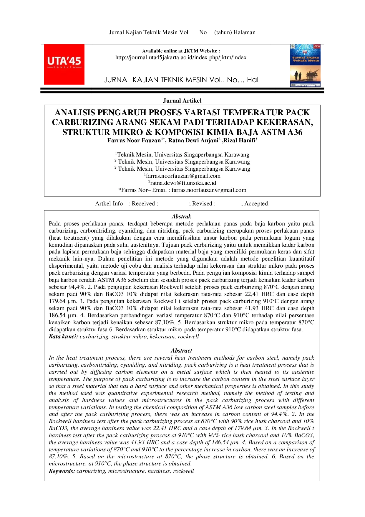 JURIS Analisis Pengaruh Proses Variasi Temperatur Pack Carburizing Arang Sekam Padi Terhadap Kekerasan Struktur Mikro Komposisi Kimia Baja Astm A36