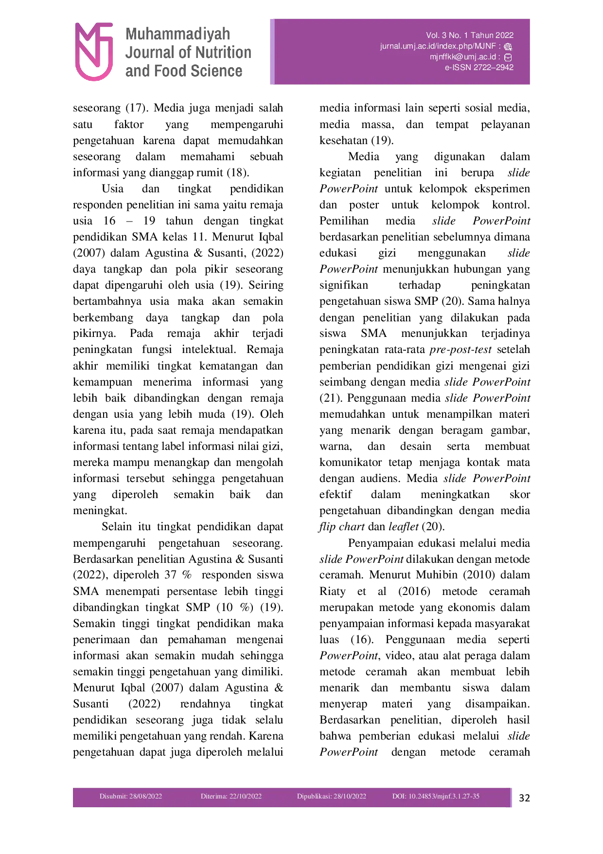 JURIS Pengaruh Edukasi Pembacaan Label Informasi Nilai Gizi dengan Media Slide PowerPoint terhadap Pengetahuan Siswa SMA Kota Depok