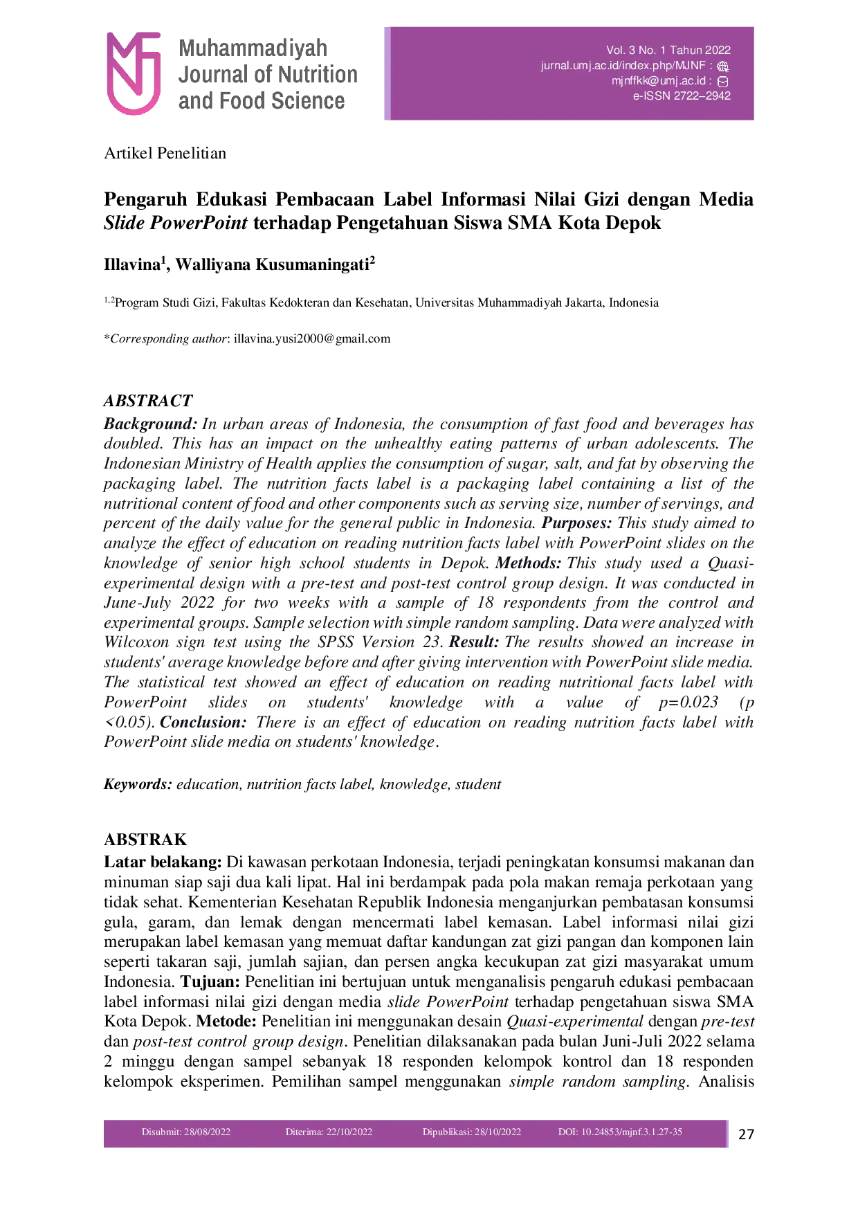 JURIS Pengaruh Edukasi Pembacaan Label Informasi Nilai Gizi dengan Media Slide PowerPoint terhadap Pengetahuan Siswa SMA Kota Depok