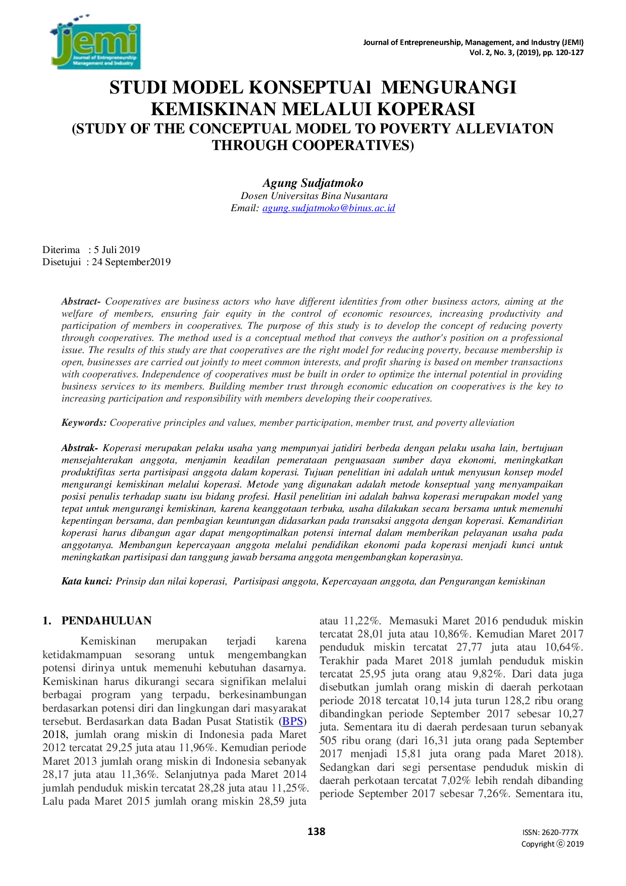 JURIS STUDI MODEL KONSEPTUAl MENGURANGI KEMISKINAN MELALUI KOPERASI STUDY OF THE CONCEPTUAL MODEL TO POVERTY ALLEVIATON THROUGH COOPERATIVES