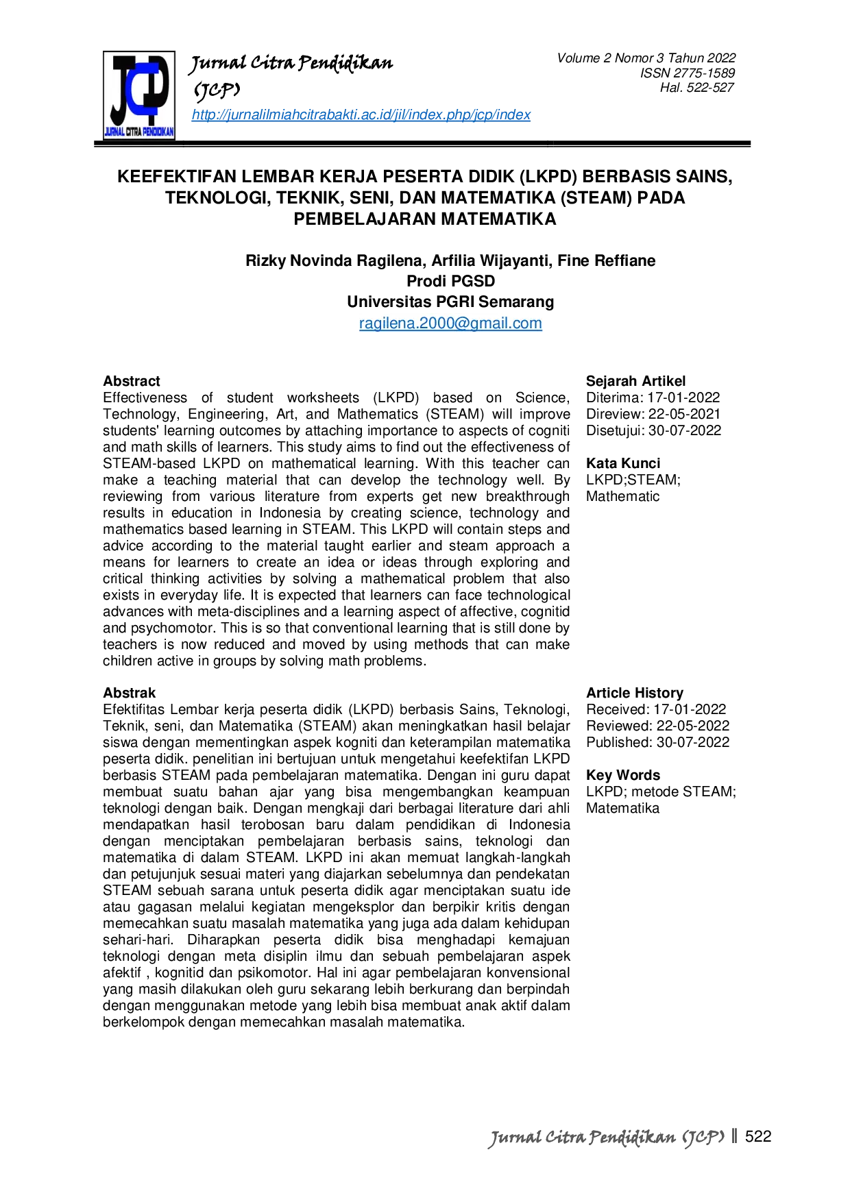 JURIS Keepektifan Lembar Kerja Peserta Didik LKPD Berbasis Sains Teknologi Teknik Seni dan Matematika STEAM pada Pembelajaran Matematika