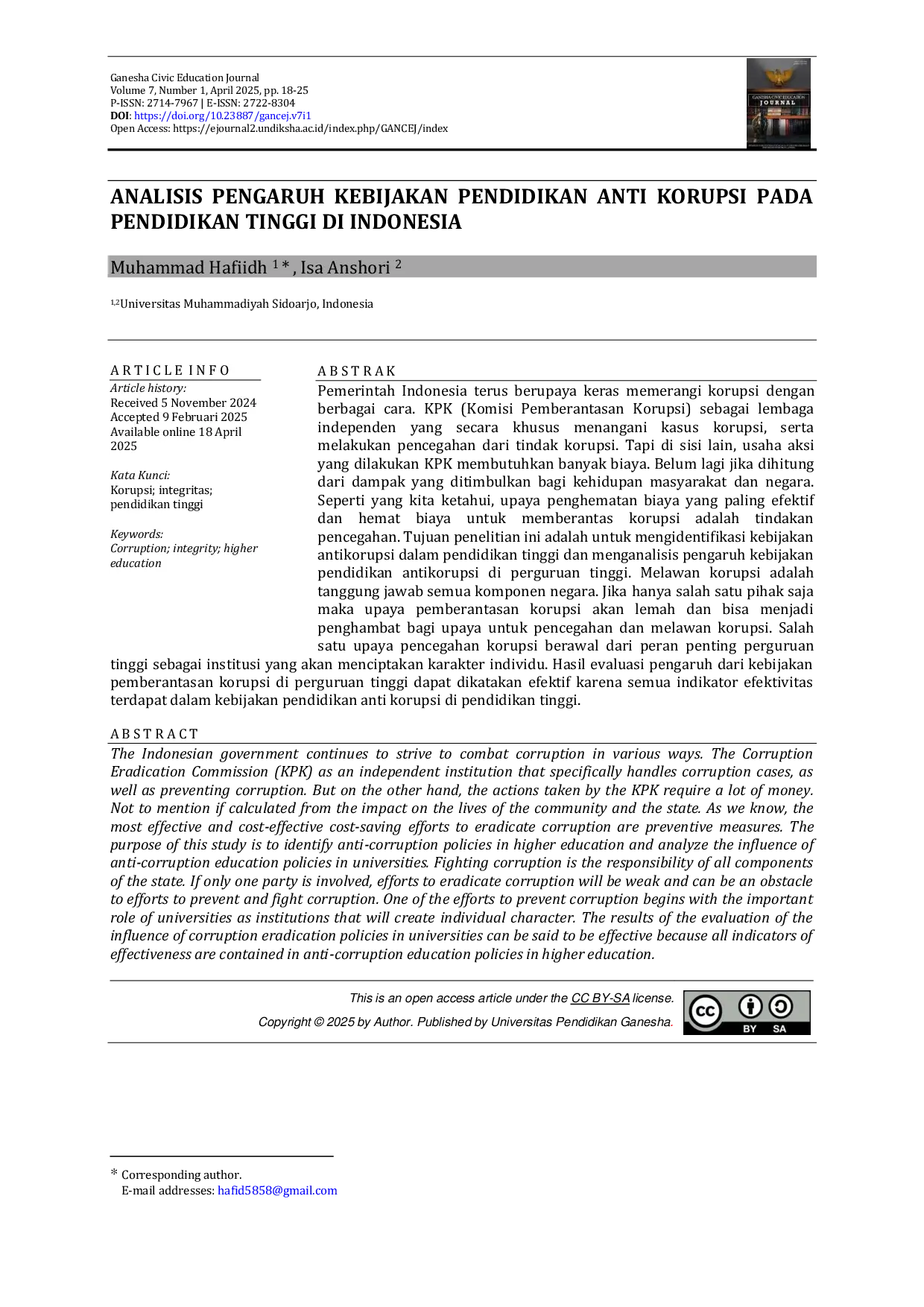 JURIS Analisis Pengaruh Kebijakan Pendidikan Anti Korupsi pada Pendidikan Tinggi di Indonesia