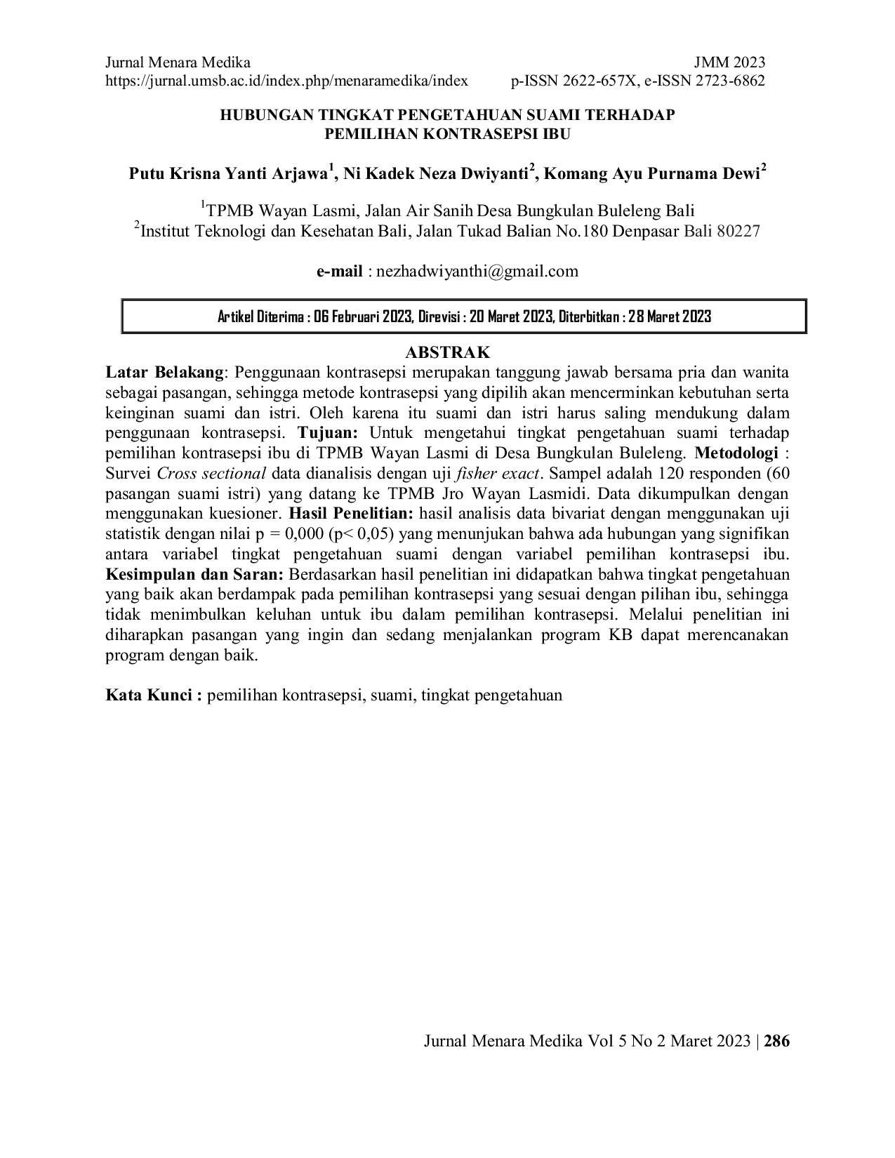 JURIS HUBUNGAN TINGKAT PENGETAHUAN SUAMI TERHADAP PEMILIHAN KONTRASEPSI IBU