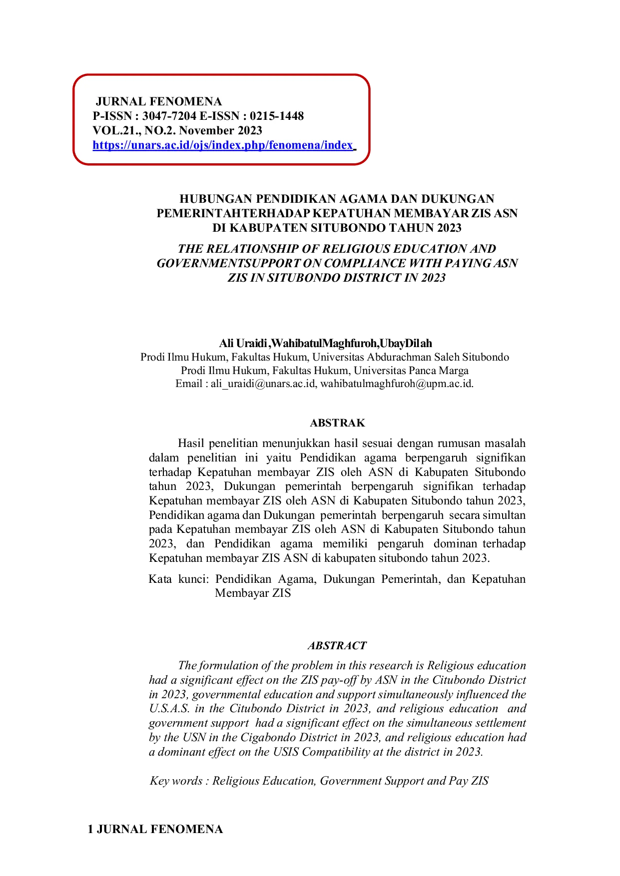 JURIS Hubungan Pendidikan Agama dan Dukungan Pemerintah Terhadap Kepatuhan Membayar ZIS ASN di Kabupaten Situbondo Tahun 2023