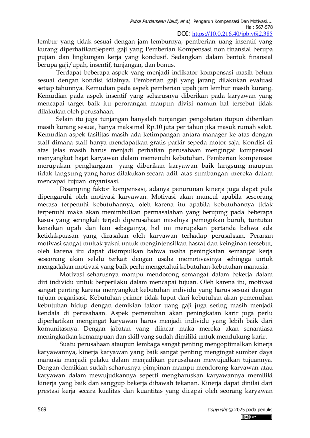 JURIS Pengaruh Kompensasi Dan Motivasi Terhadap Kinerja Karyawan Pada PT Langgeng Baja Pratama Di Cibitung Bekasi