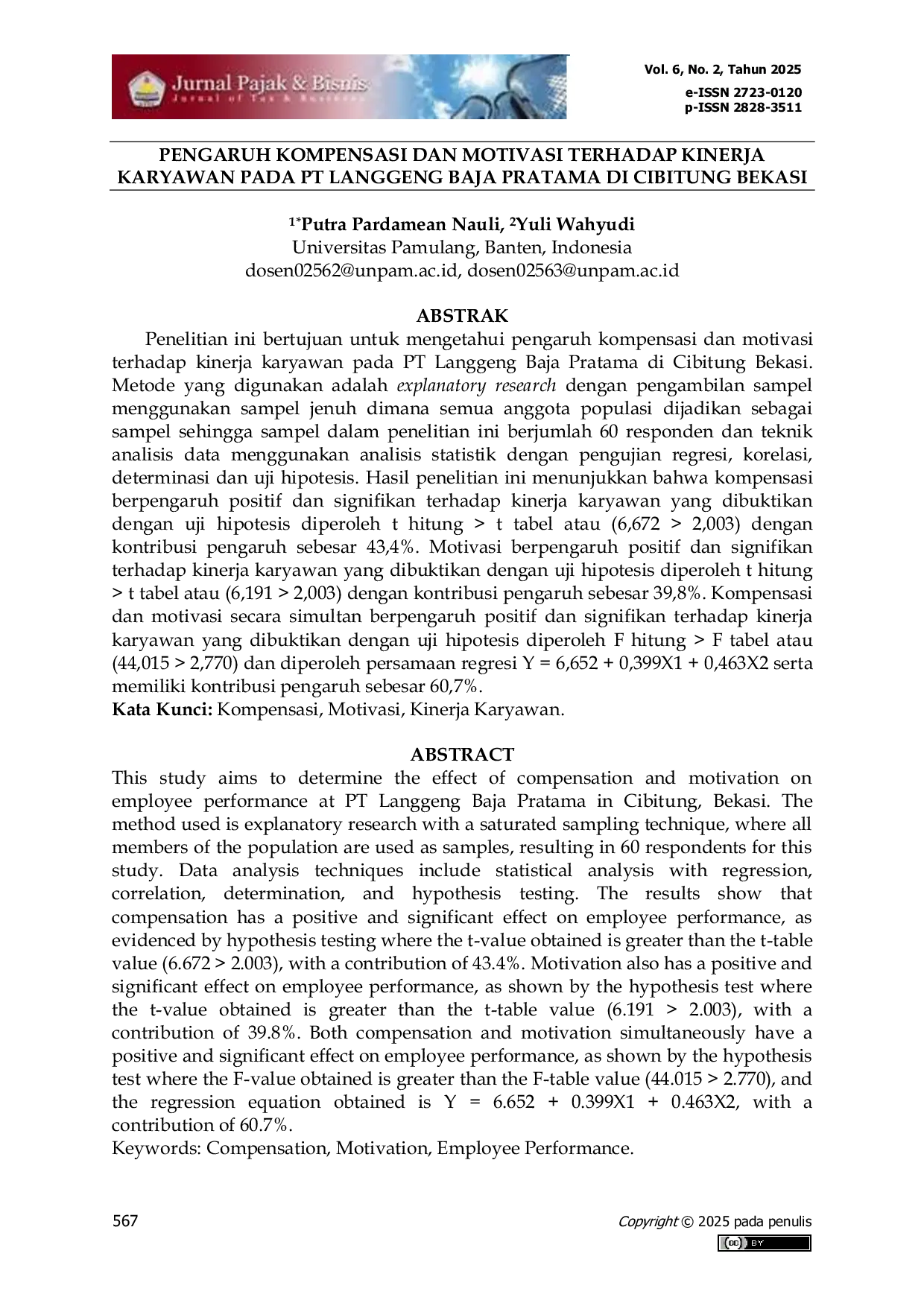 JURIS Pengaruh Kompensasi Dan Motivasi Terhadap Kinerja Karyawan Pada PT Langgeng Baja Pratama Di Cibitung Bekasi