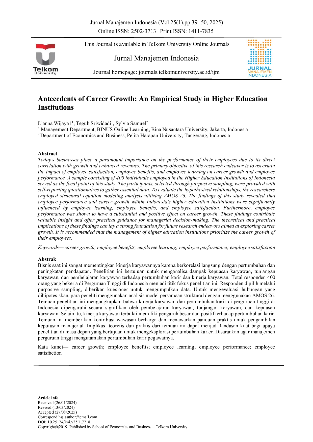 JURIS Antecedents of Career Growth An Empirical Study in Higher Education Institutions