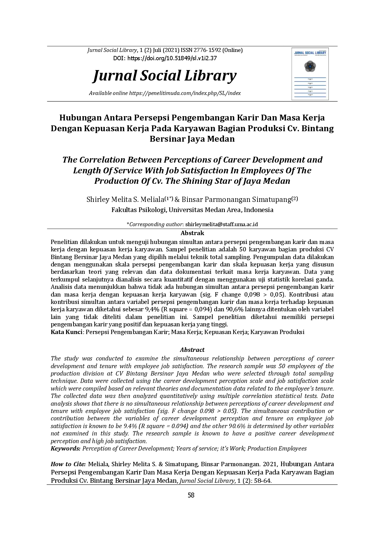 juris Hubungan Antara Persepsi Pengembangan Karir Dan Masa Kerja Dengan Kepuasan Kerja Pada Karyawan Bagian Produksi CV Bintang Bersinar Jaya Medan