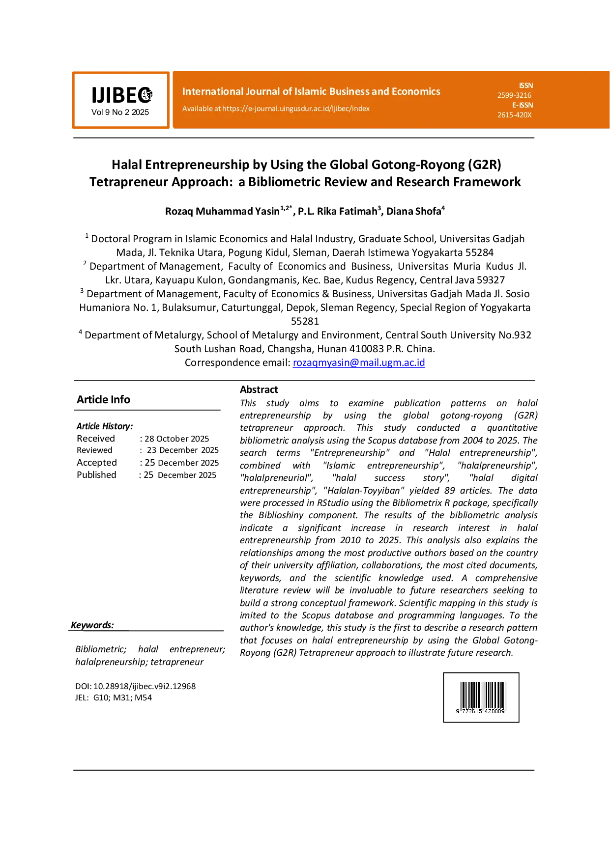 JURIS Halal Entrepreneurship by Using the Global Gotong Royong G2R Tetrapreneur Approach a Bibliometric Review and Research Framework