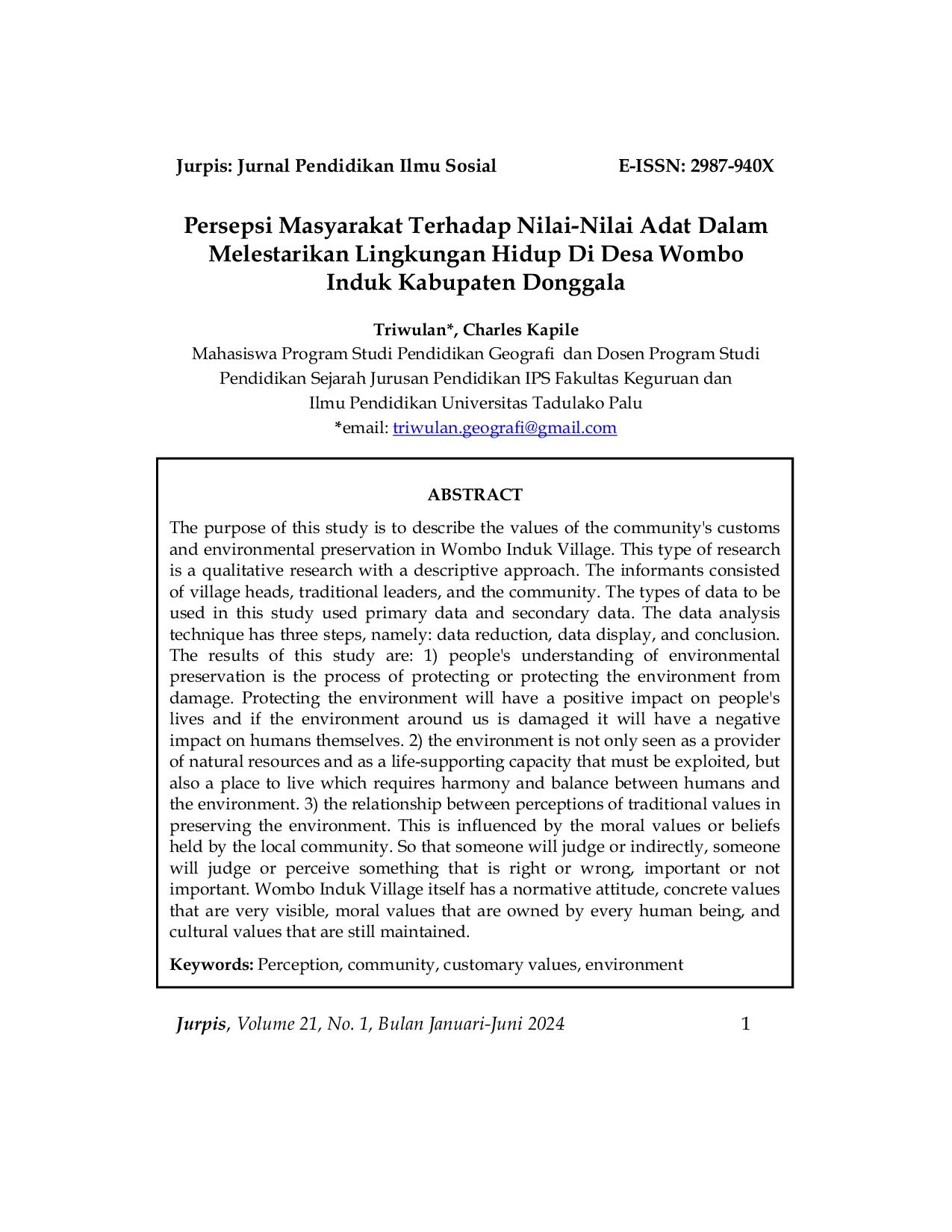 JURIS Persepsi Masyarakat Terhadap Nilai Nilai Adat Dalam Melestarikan Lingkungan Hidup Di Desa Wombo Induk Kabupaten Donggala