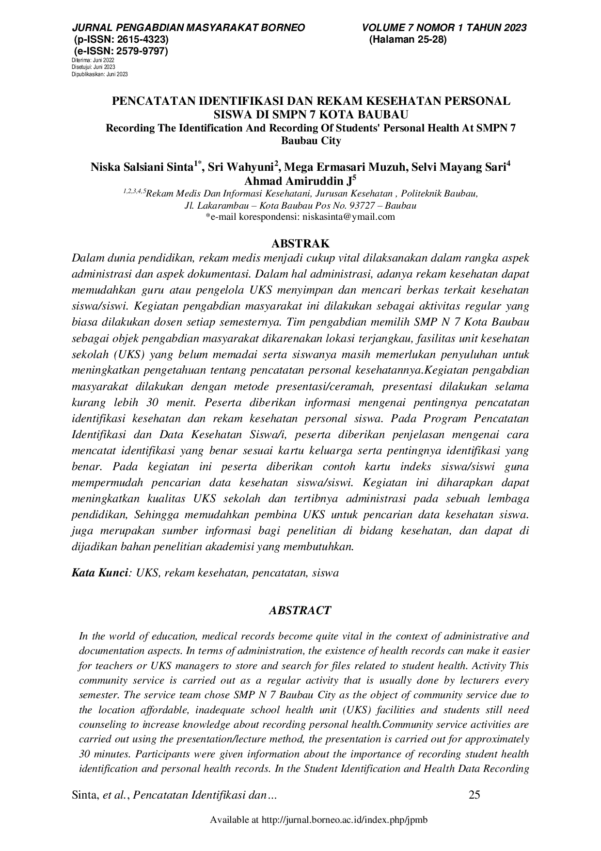 JURIS Pencatatan Identifikasi dan Rekam Kesehatan Personal Siswa di SMPN 7 Kota Baubau